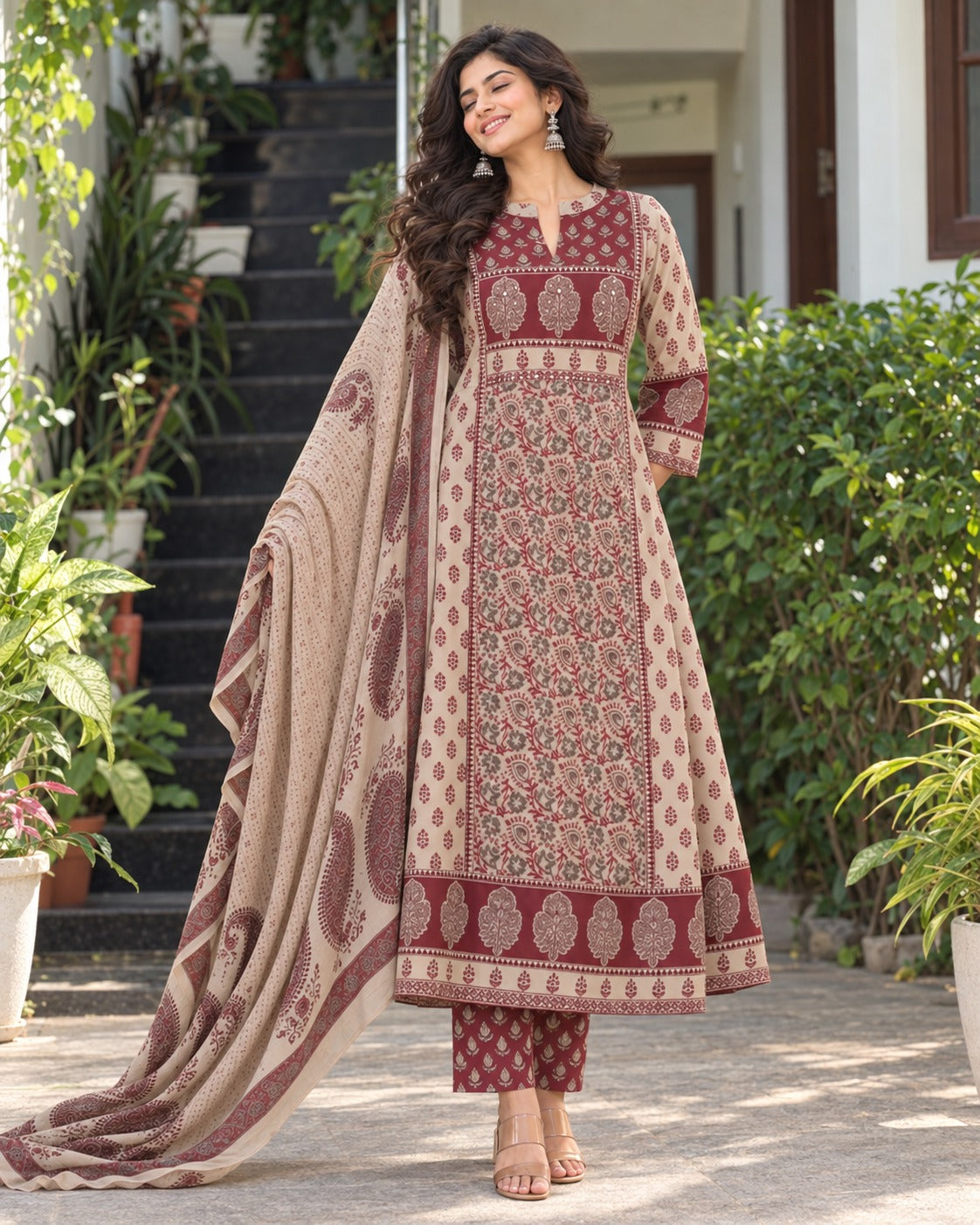 ✨🌺 Mehr Beige & Maroon Paisley Printed Kurta Set with Dupatta 🌺✨