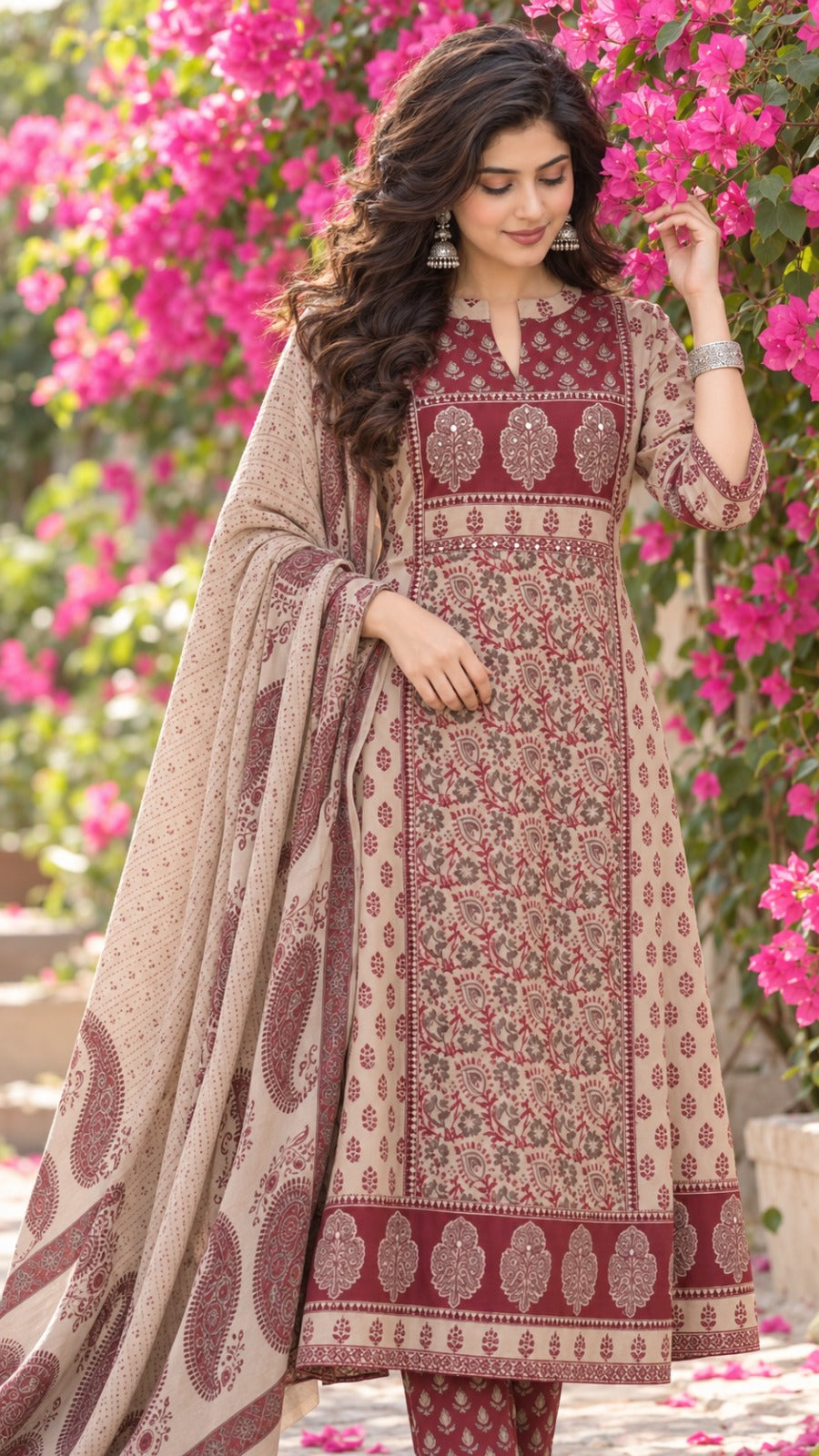 ✨🌺 Mehr Beige & Maroon Paisley Printed Kurta Set with Dupatta 🌺✨