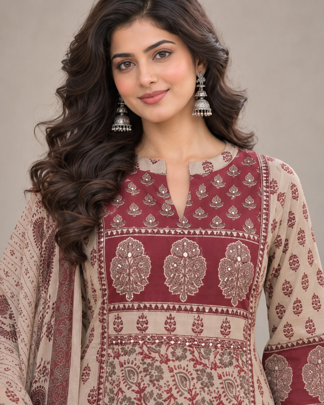 ✨🌺 Mehr Beige & Maroon Paisley Printed Kurta Set with Dupatta 🌺✨