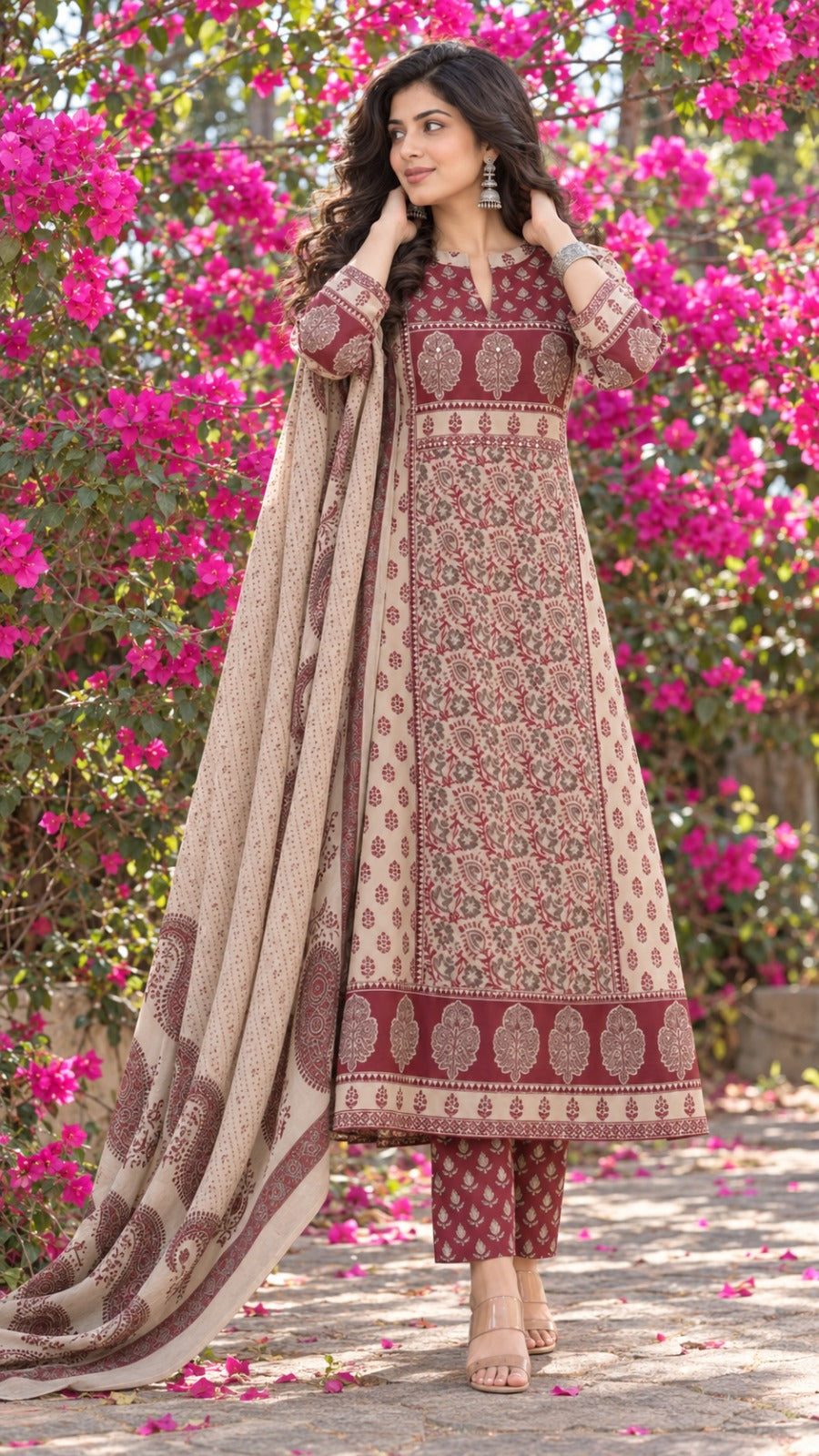 ✨🌺 Mehr Beige & Maroon Paisley Printed Kurta Set with Dupatta 🌺✨
