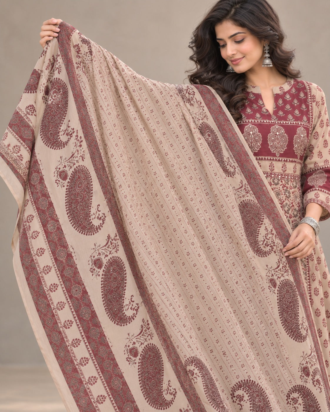 ✨🌺 Mehr Beige & Maroon Paisley Printed Kurta Set with Dupatta 🌺✨