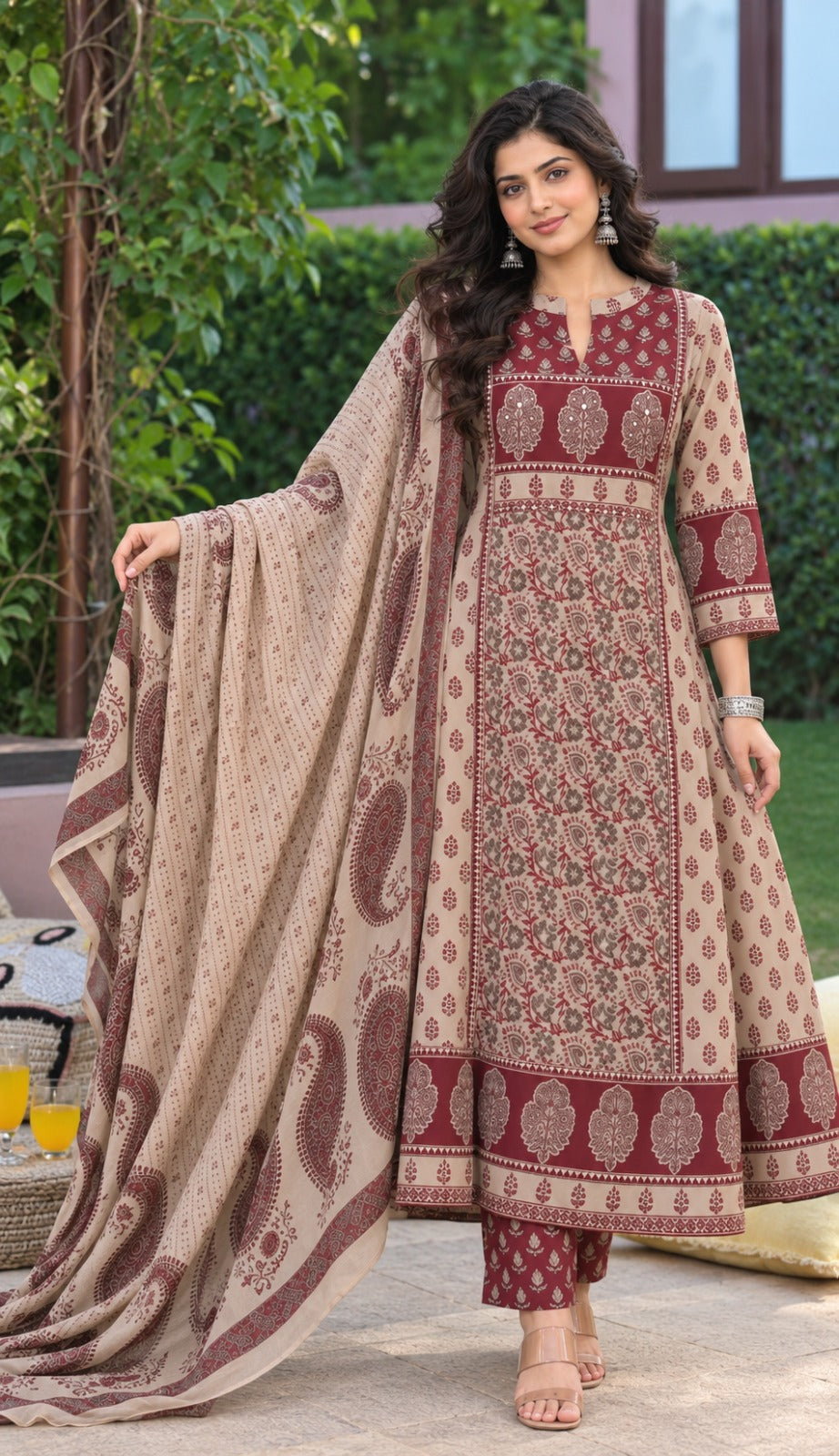✨🌺 Mehr Beige & Maroon Paisley Printed Kurta Set with Dupatta 🌺✨