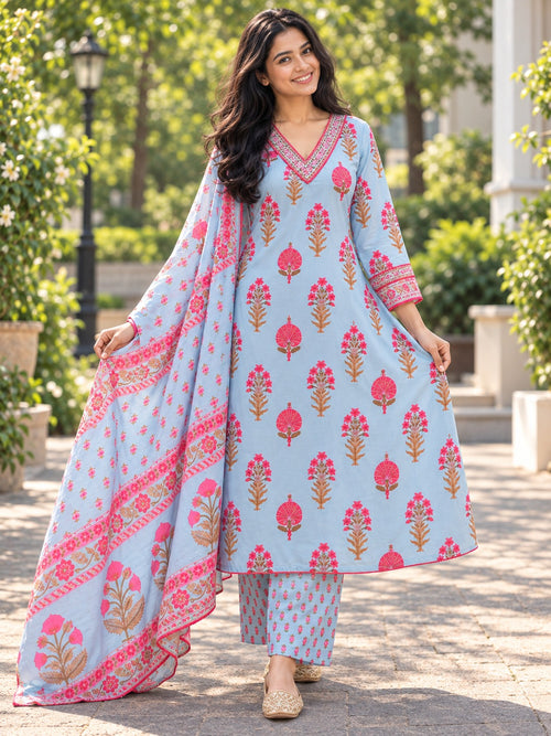 Gulbahar Sky Blue & Pink Floral Kurta Set with Dupatta