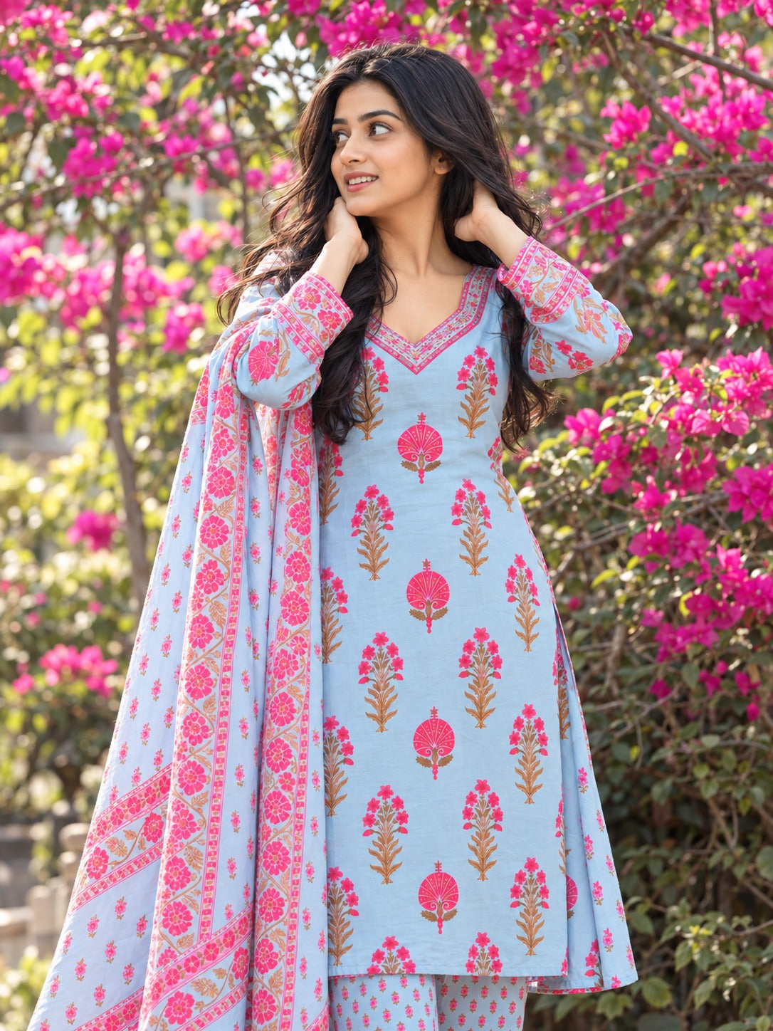 Gulbahar Sky Blue & Pink Floral Kurta Set with Dupatta