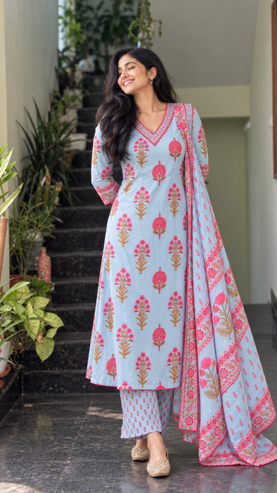 Gulbahar Sky Blue & Pink Floral Kurta Set with Dupatta