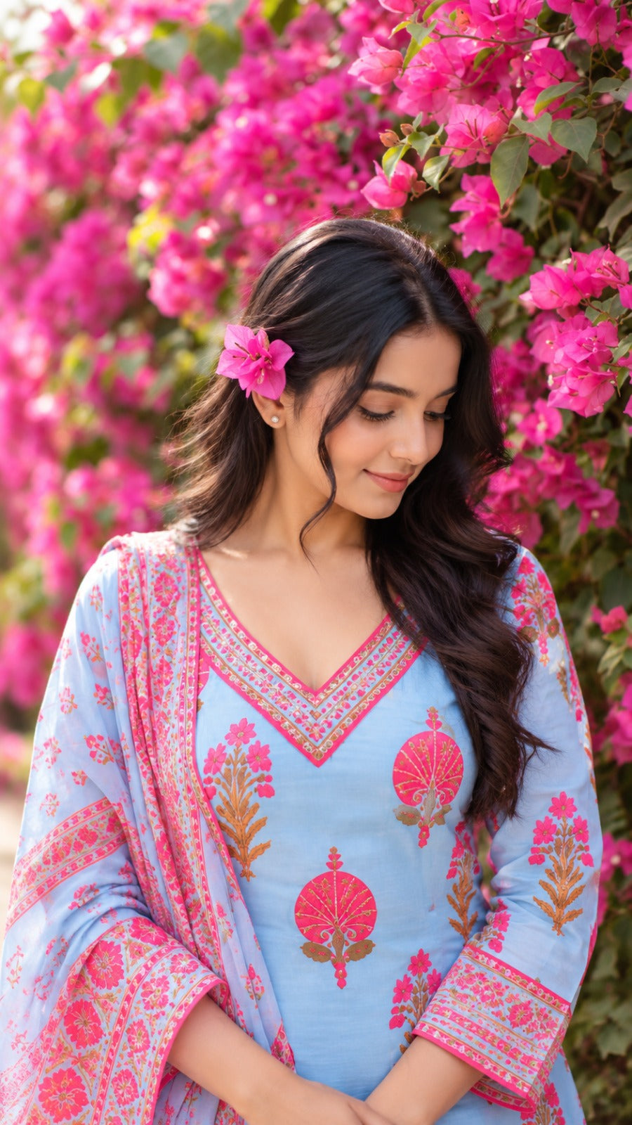 Gulbahar Sky Blue & Pink Floral Kurta Set with Dupatta