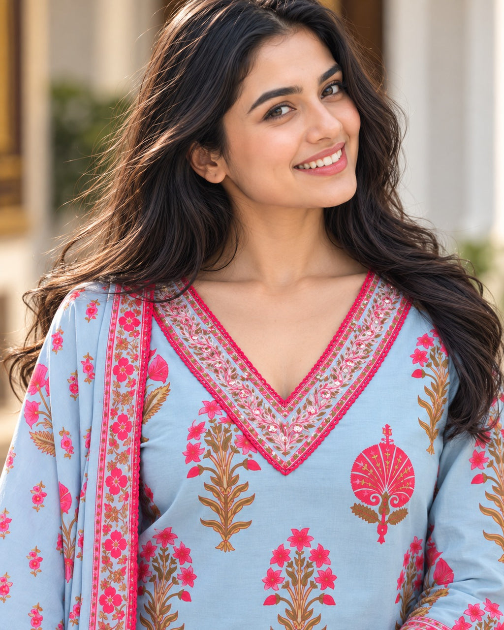 Gulbahar Sky Blue & Pink Floral Kurta Set with Dupatta