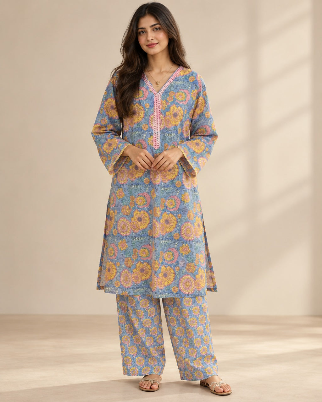 🌼💙 Sunehri Bloom Blue Floral Kurta & Palazzo Set 💙🌼