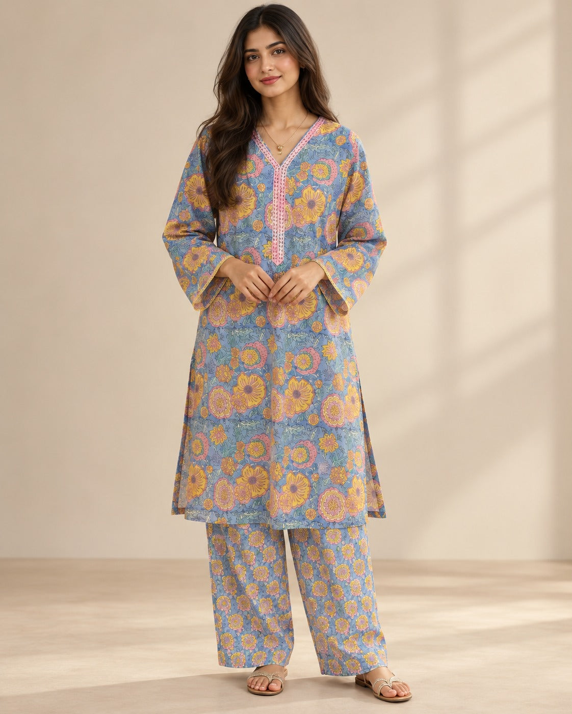 🌼💙 Sunehri Bloom Blue Floral Kurta & Palazzo Set 💙🌼