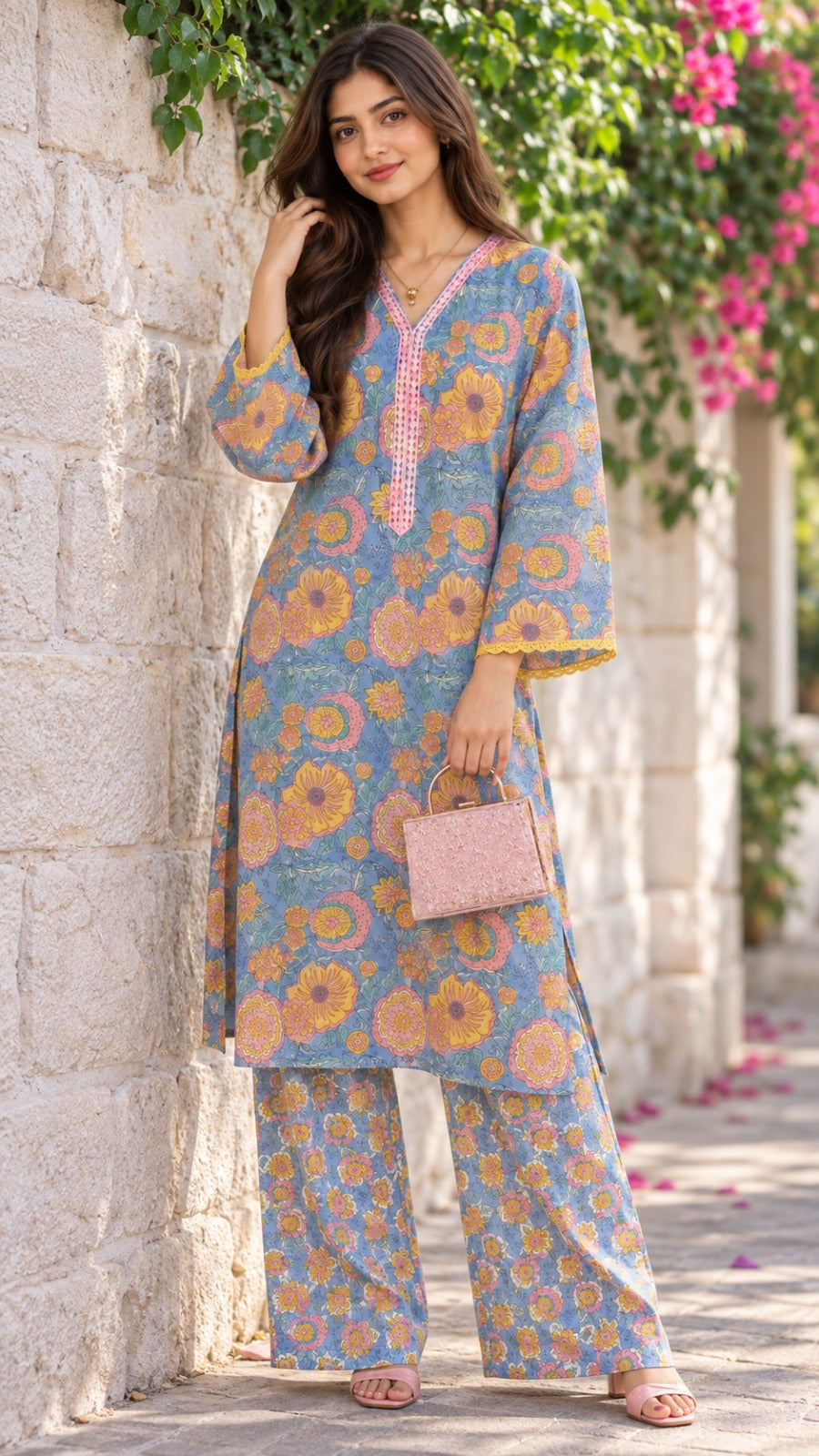 🌼💙 Sunehri Bloom Blue Floral Kurta & Palazzo Set 💙🌼