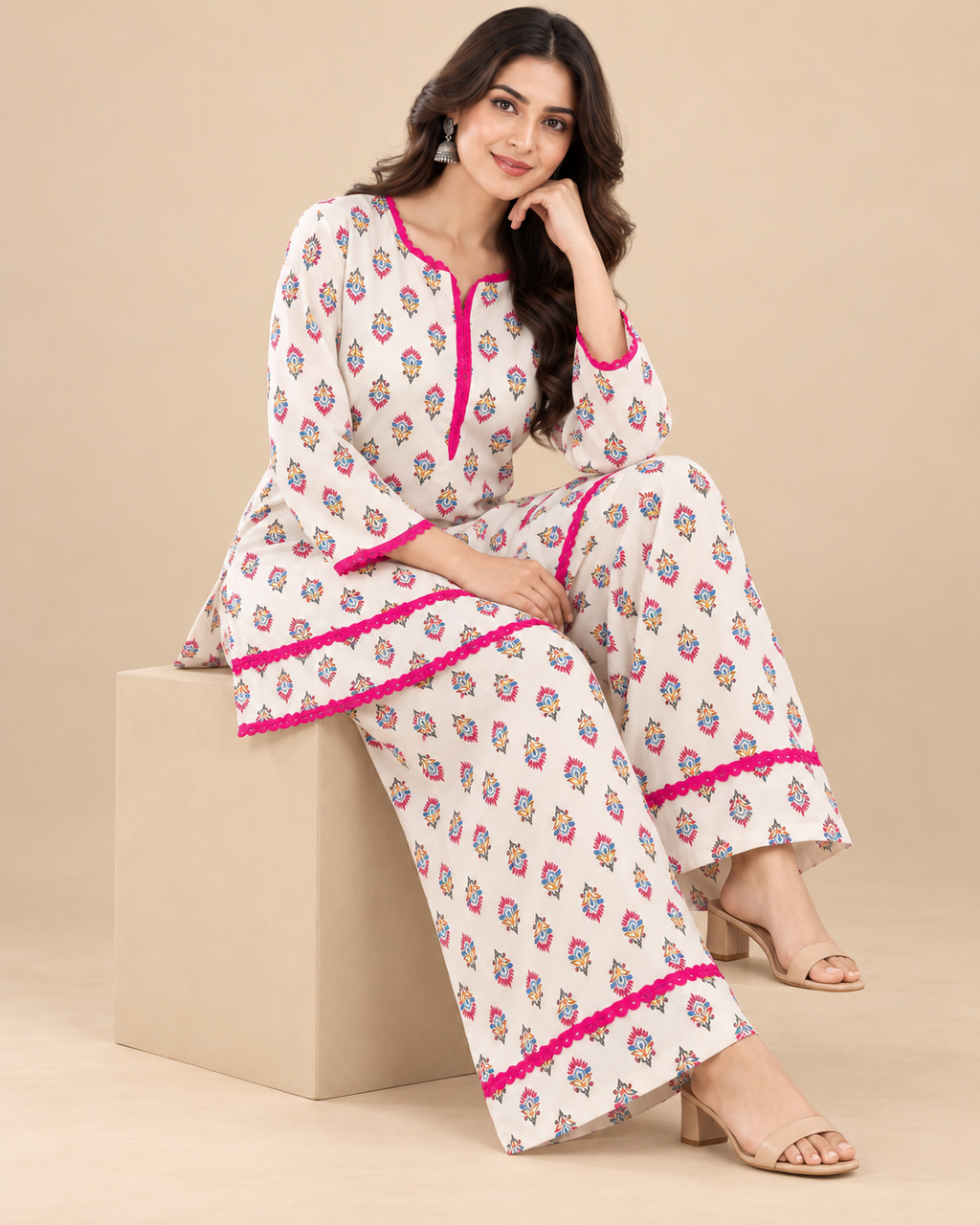 Ivory Floral Print Kurti & Palazzo Co-ord Set with Pink Lace