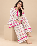 Ivory Floral Print Kurti & Palazzo Co-ord Set with Pink Lace