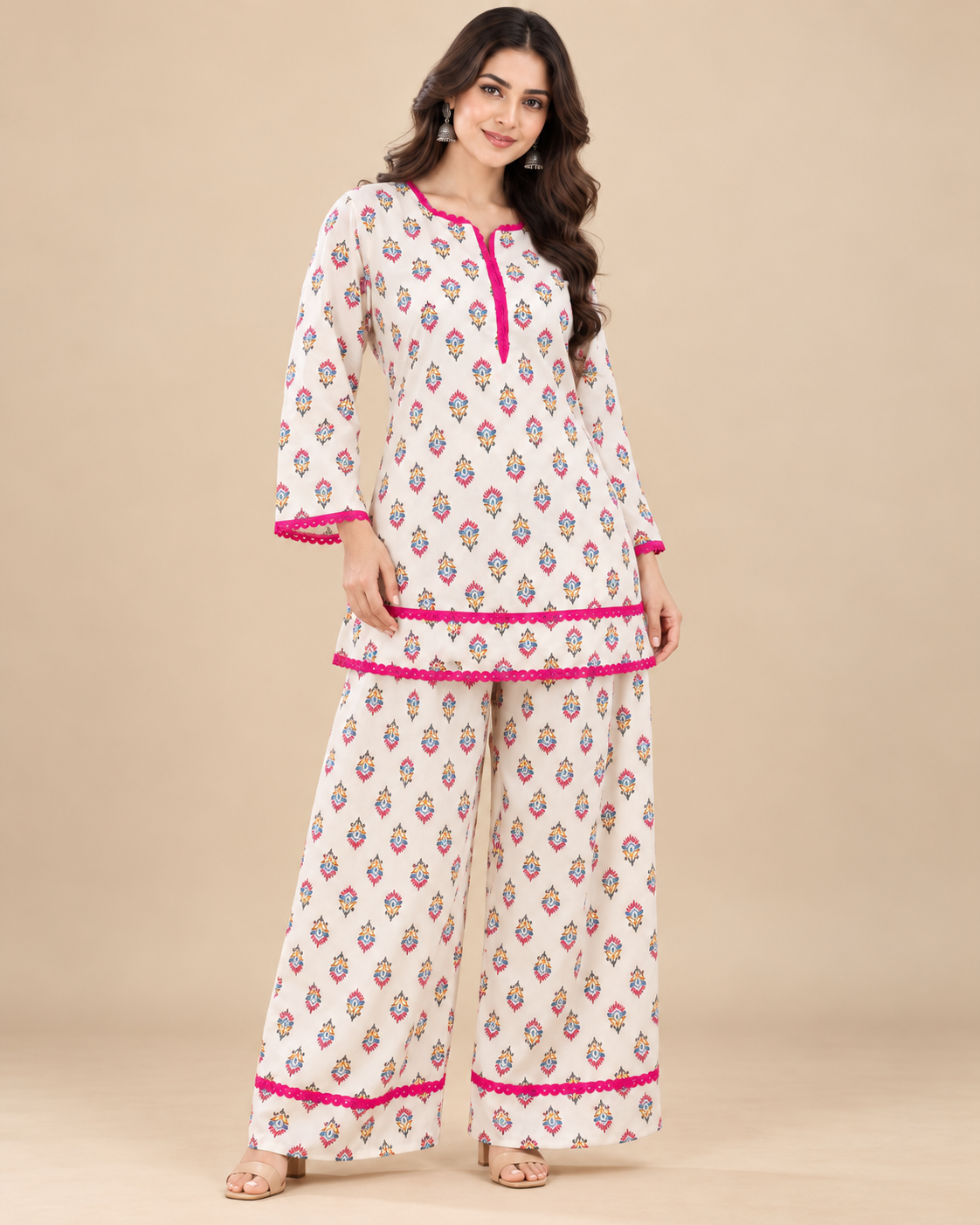 Ivory Floral Print Kurti & Palazzo Co-ord Set with Pink Lace