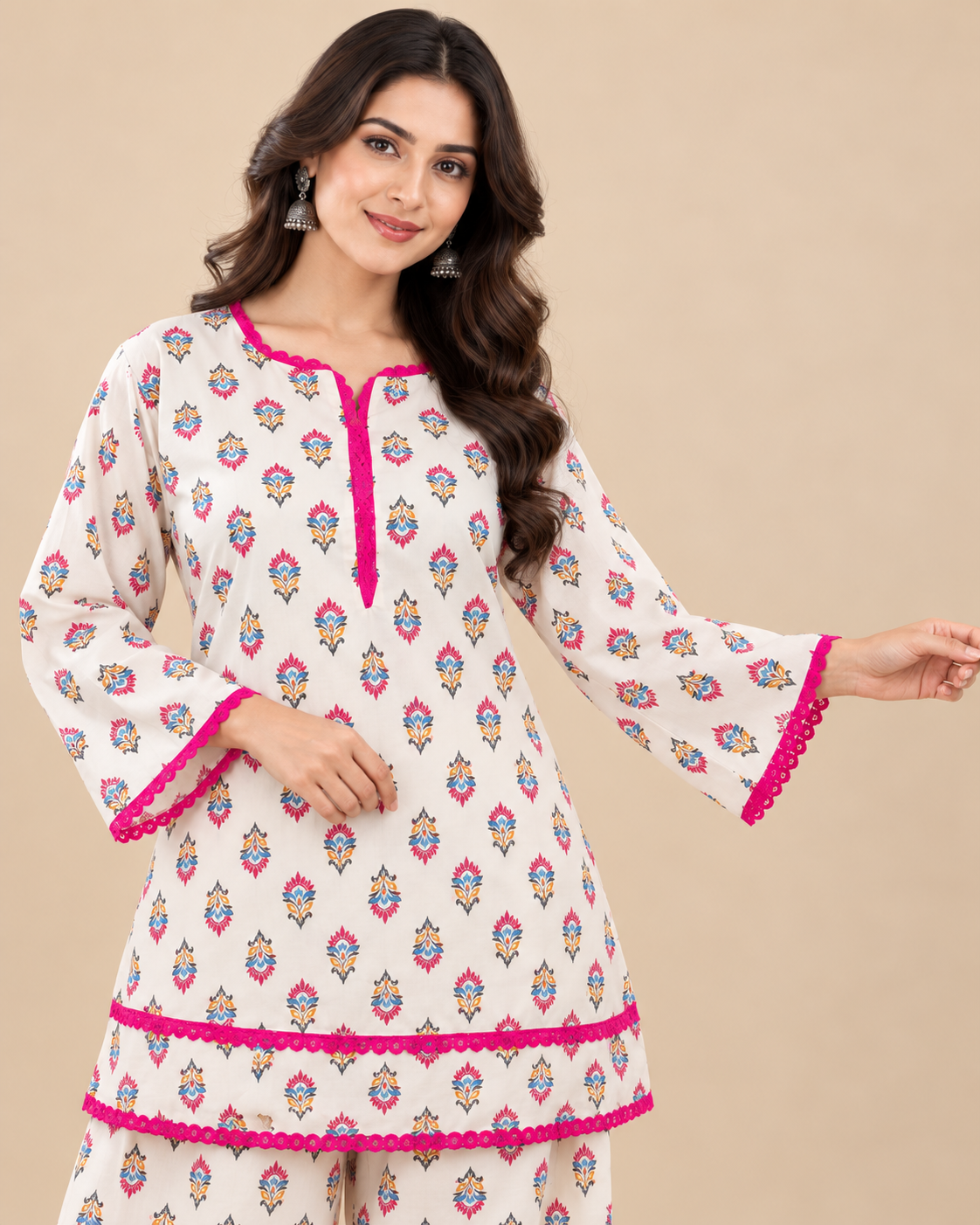 Ivory Floral Print Kurti & Palazzo Co-ord Set with Pink Lace