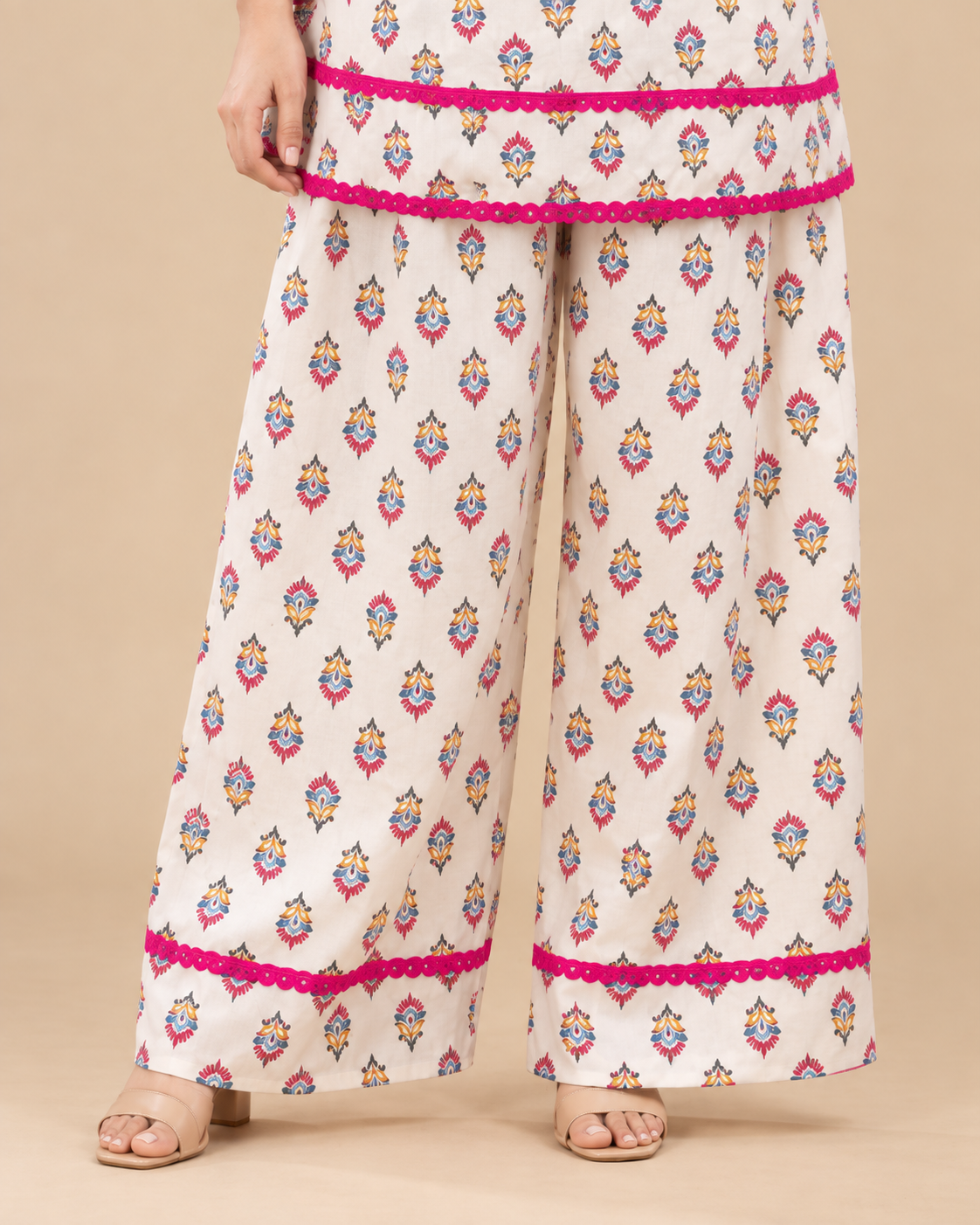 Ivory Floral Print Kurti & Palazzo Co-ord Set with Pink Lace