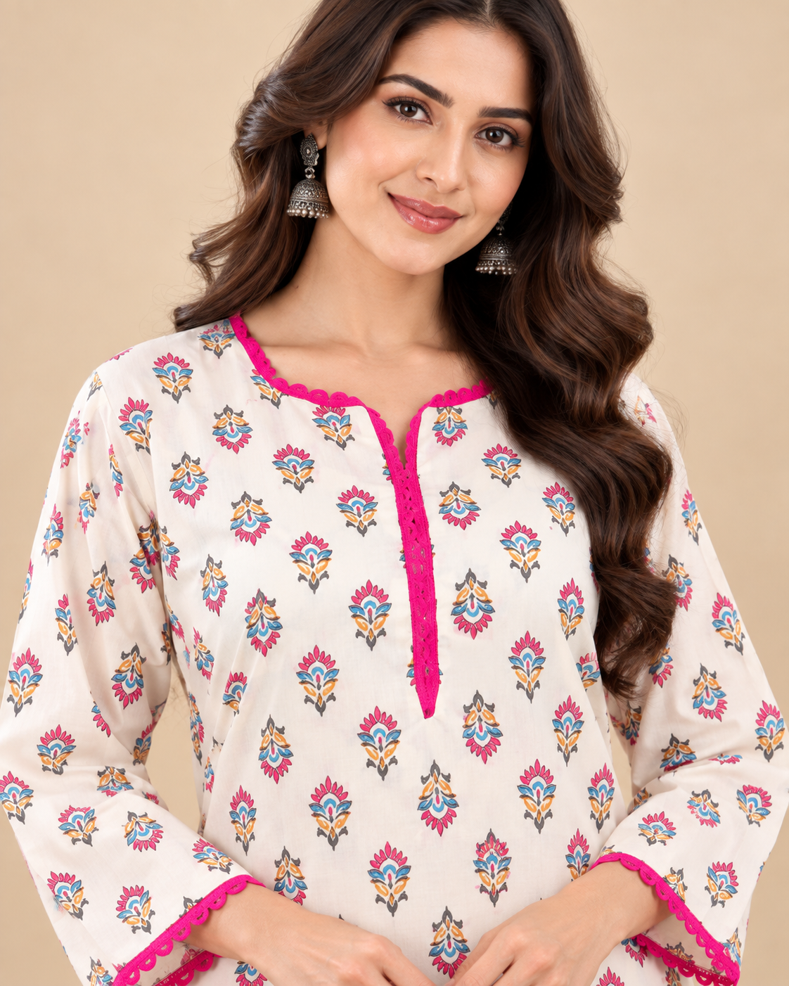 Ivory Floral Print Kurti & Palazzo Co-ord Set with Pink Lace