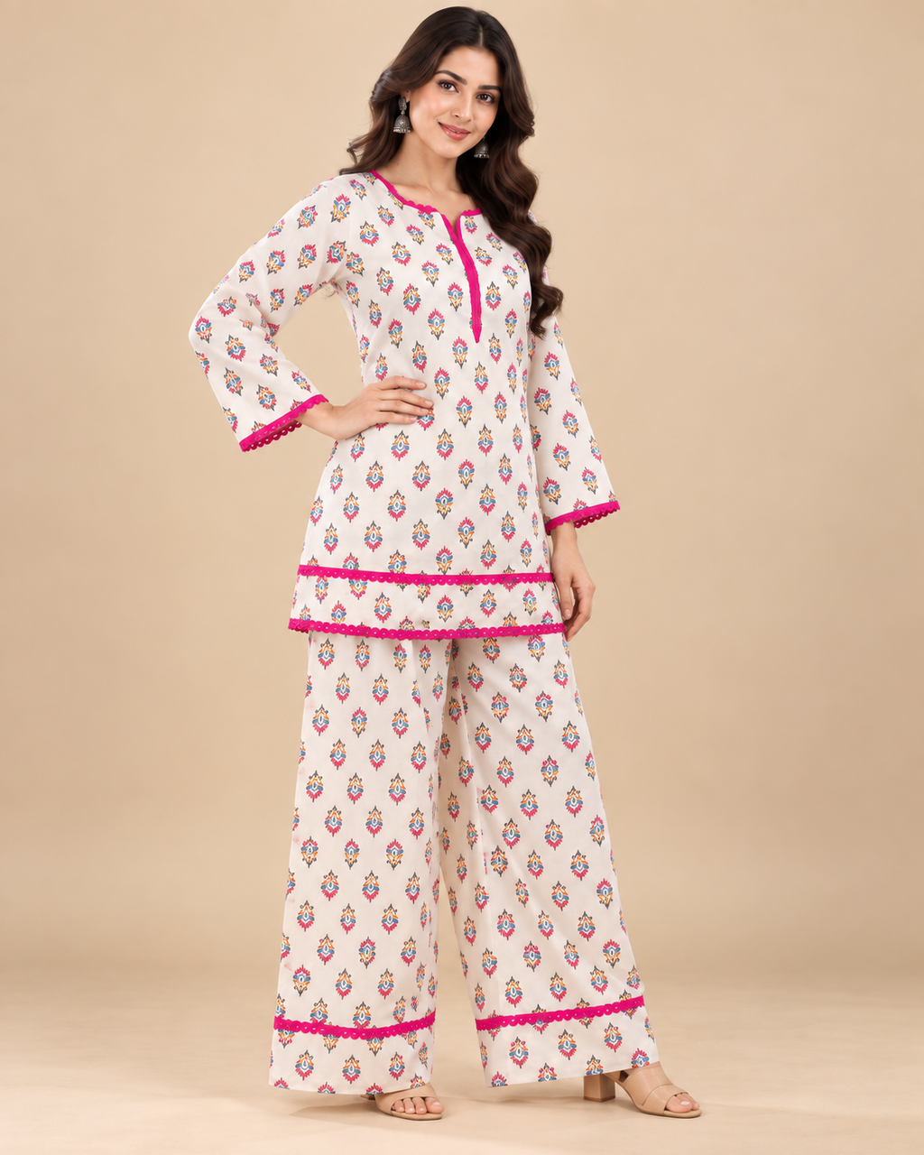 Ivory Floral Print Kurti & Palazzo Co-ord Set with Pink Lace