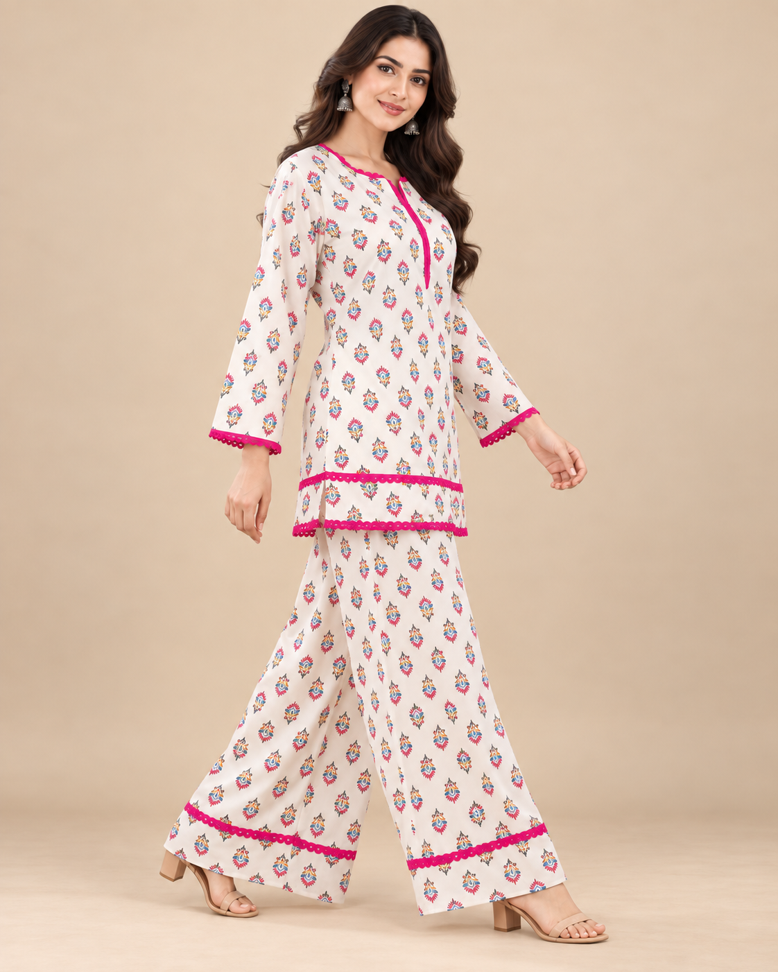 Ivory Floral Print Kurti & Palazzo Co-ord Set with Pink Lace