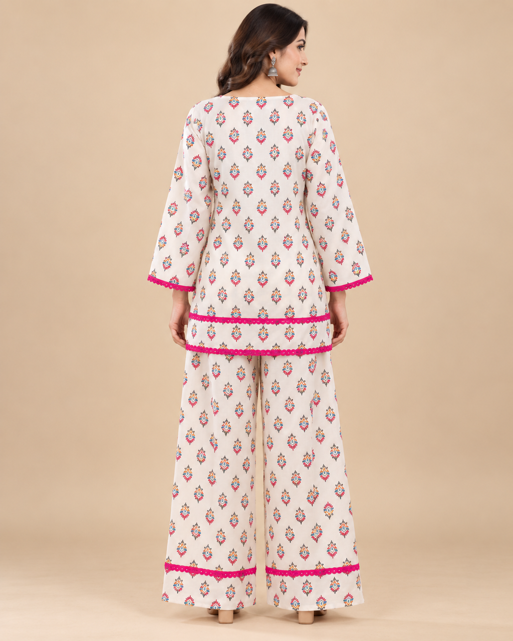 Ivory Floral Print Kurti & Palazzo Co-ord Set with Pink Lace