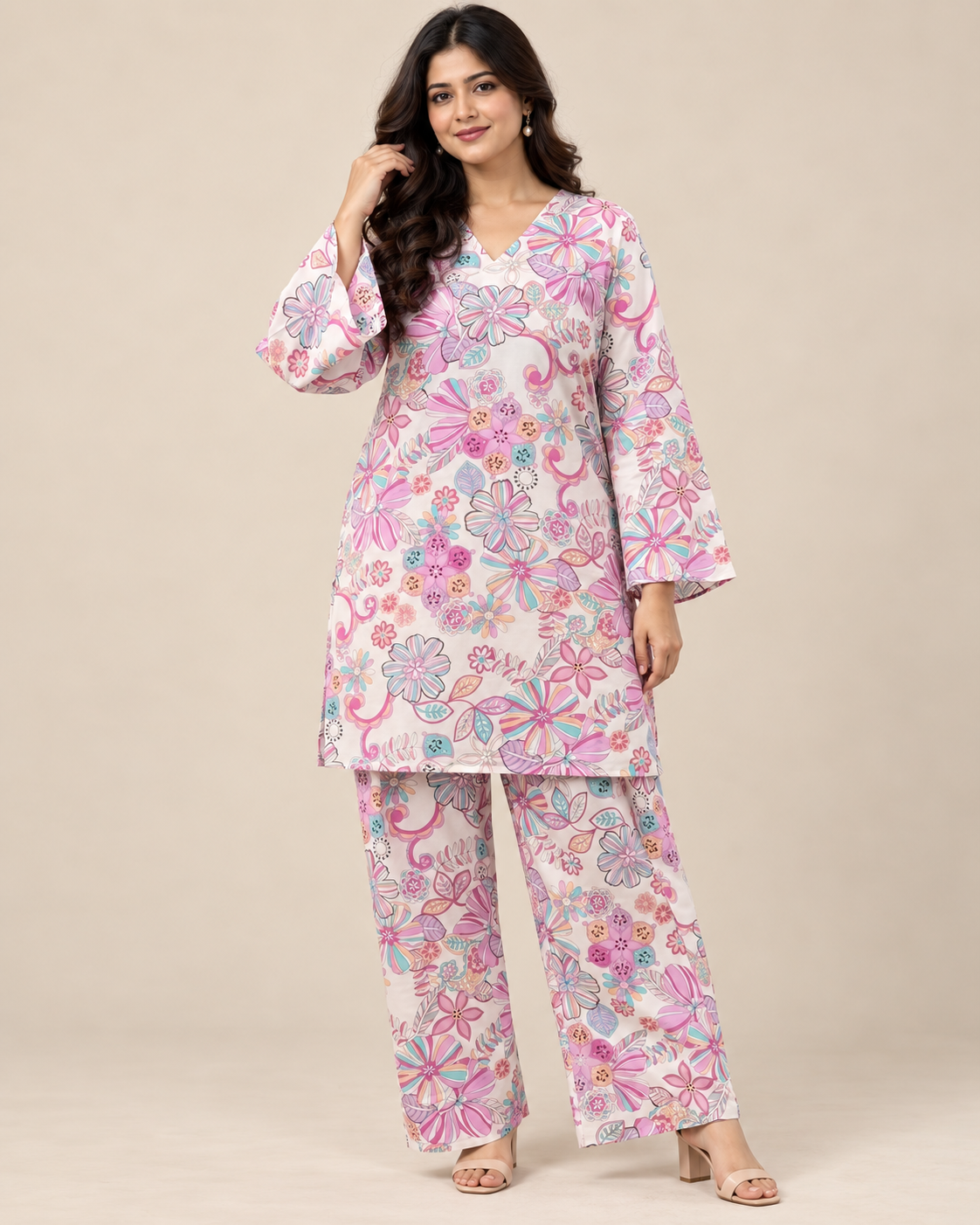 Pastel Bloom Ivory Floral Kurti & Palazzo Co-ord Set