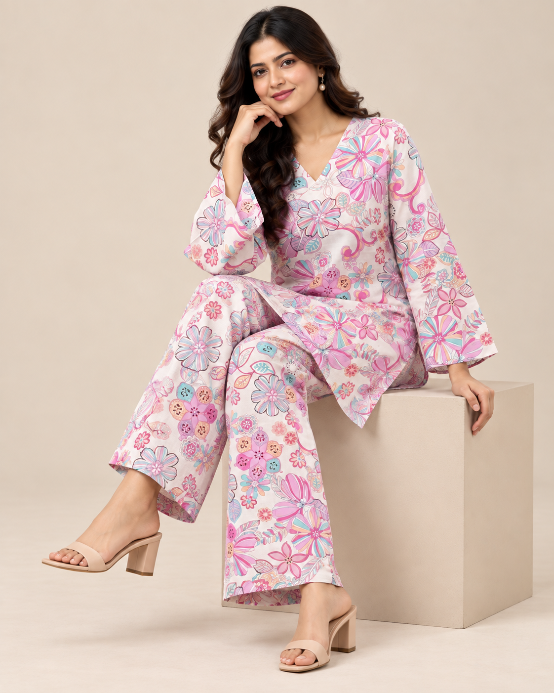 Pastel Bloom Ivory Floral Kurti & Palazzo Co-ord Set