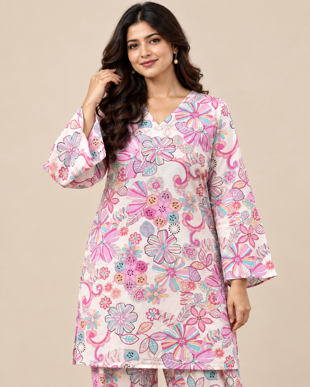 Pastel Bloom Ivory Floral Kurti & Palazzo Co-ord Set