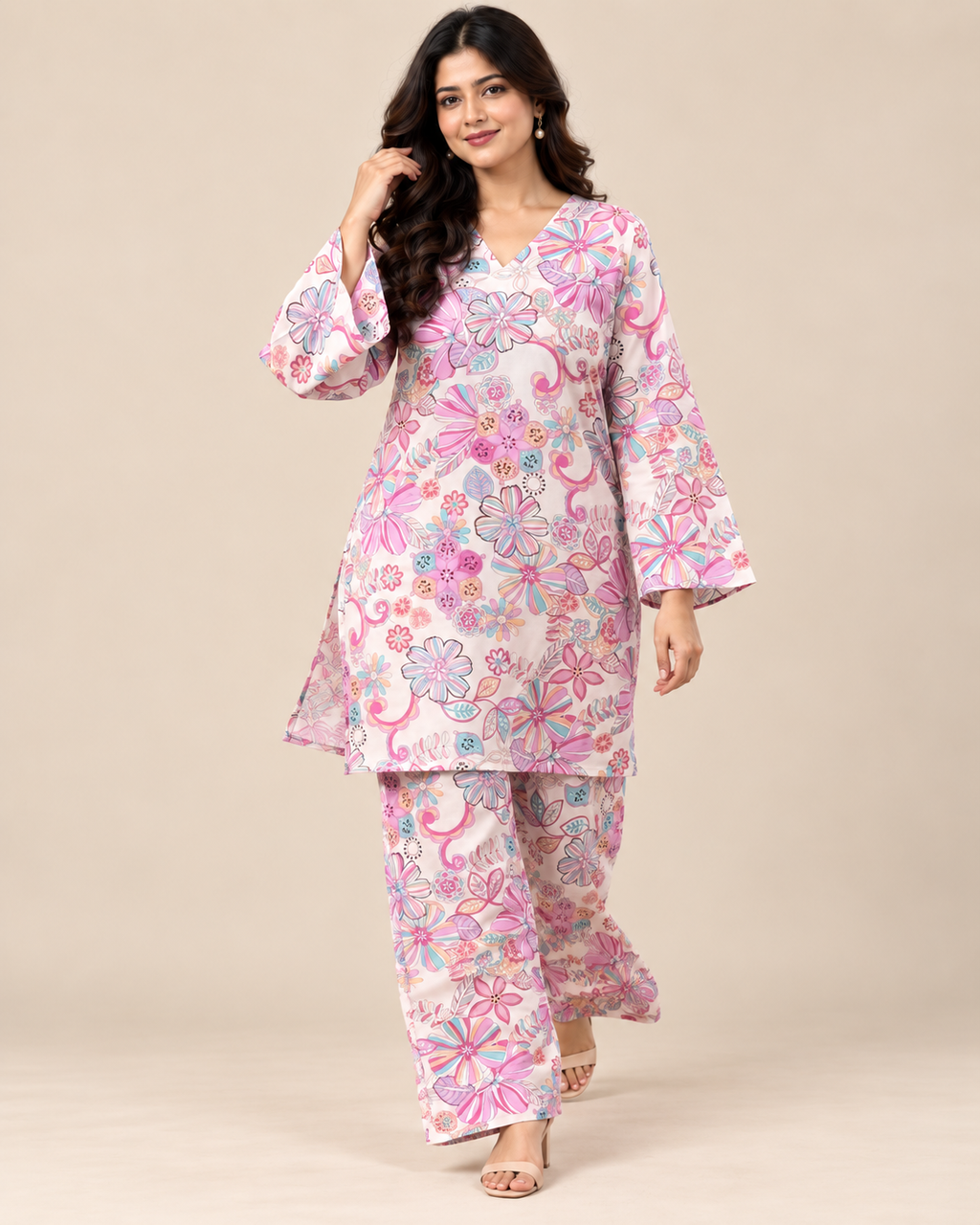 Pastel Bloom Ivory Floral Kurti & Palazzo Co-ord Set