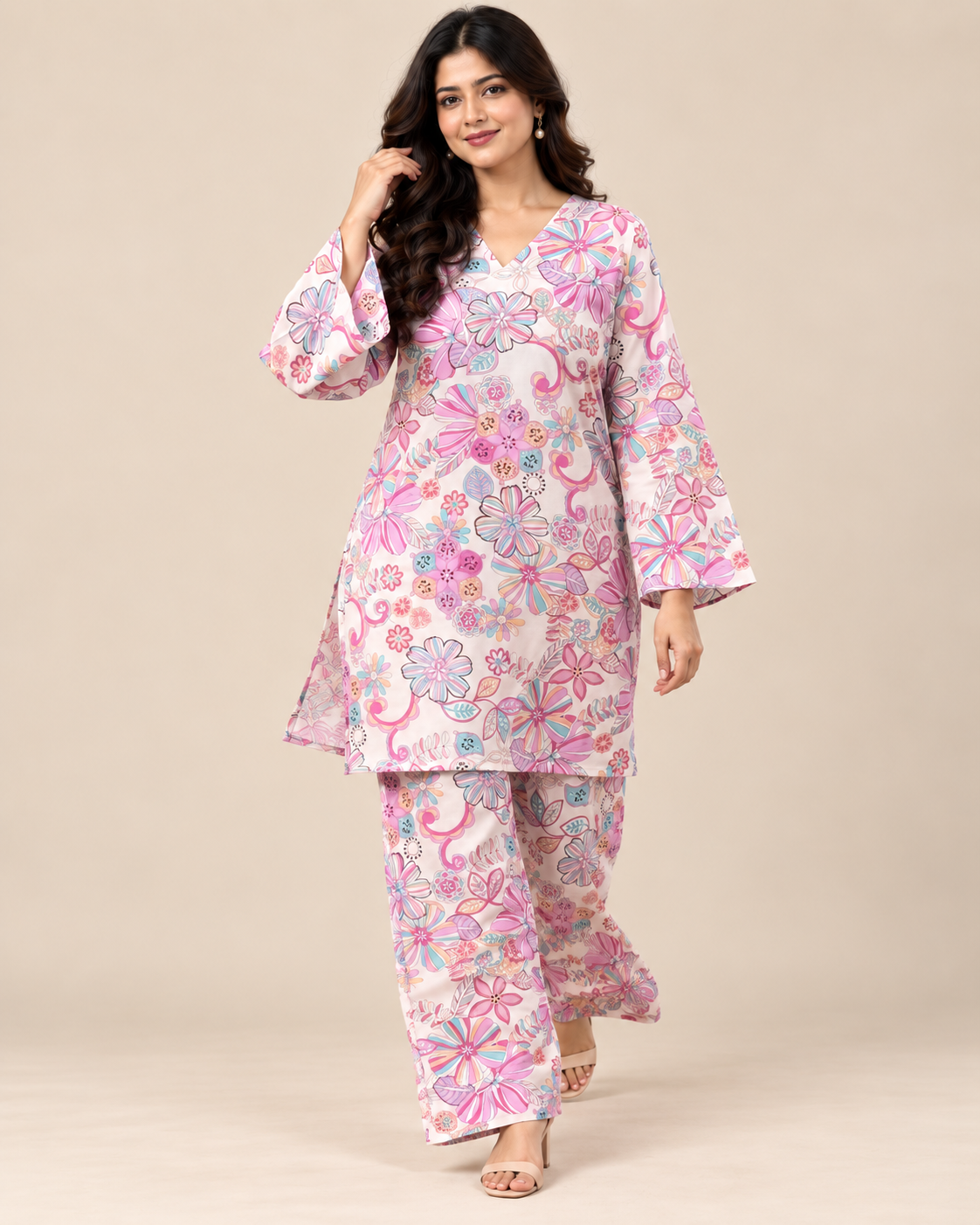 Pastel Bloom Ivory Floral Kurti & Palazzo Co-ord Set