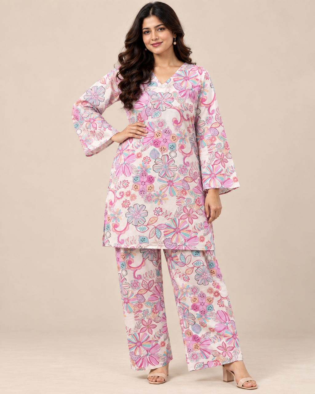 Pastel Bloom Ivory Floral Kurti & Palazzo Co-ord Set