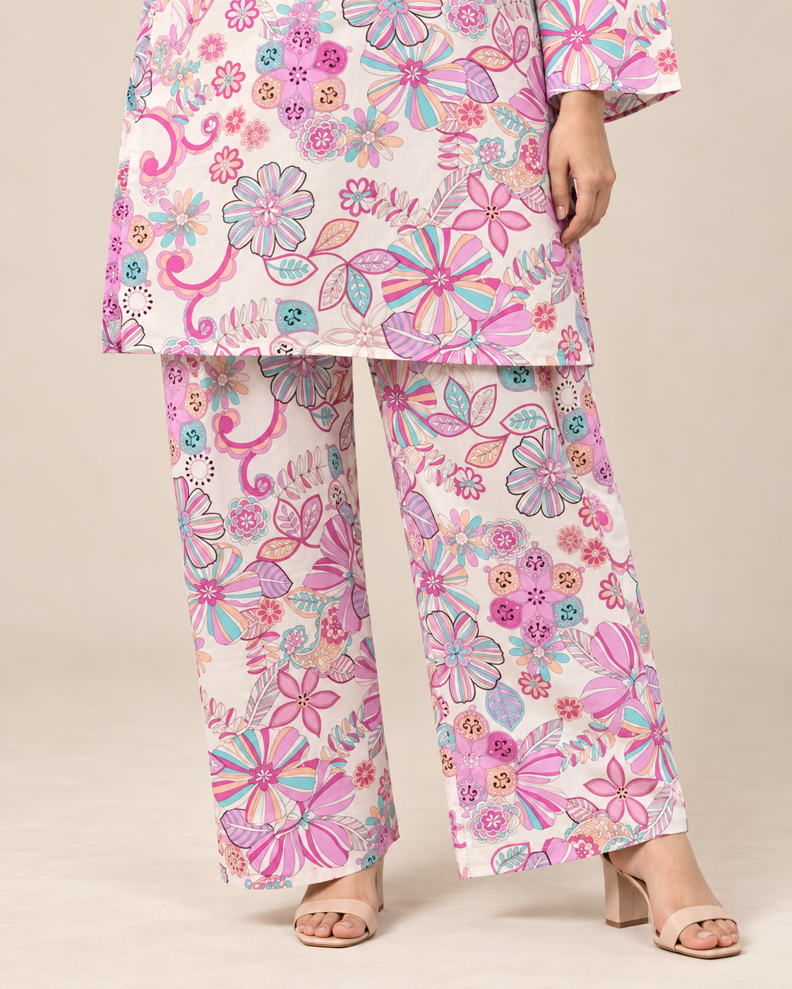 Pastel Bloom Ivory Floral Kurti & Palazzo Co-ord Set
