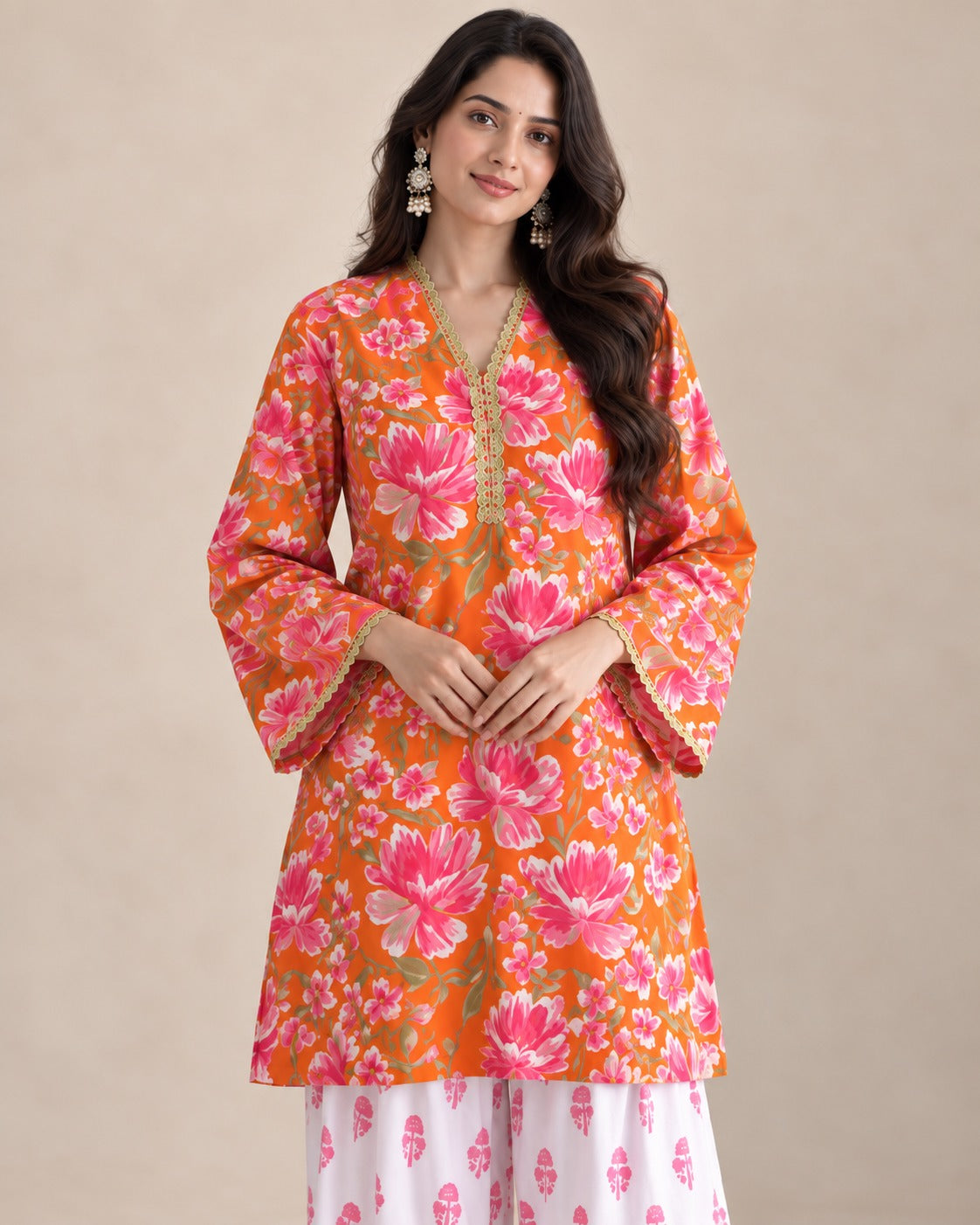 Tangerine Bloom Orange Floral Kurta & White Palazzo Set