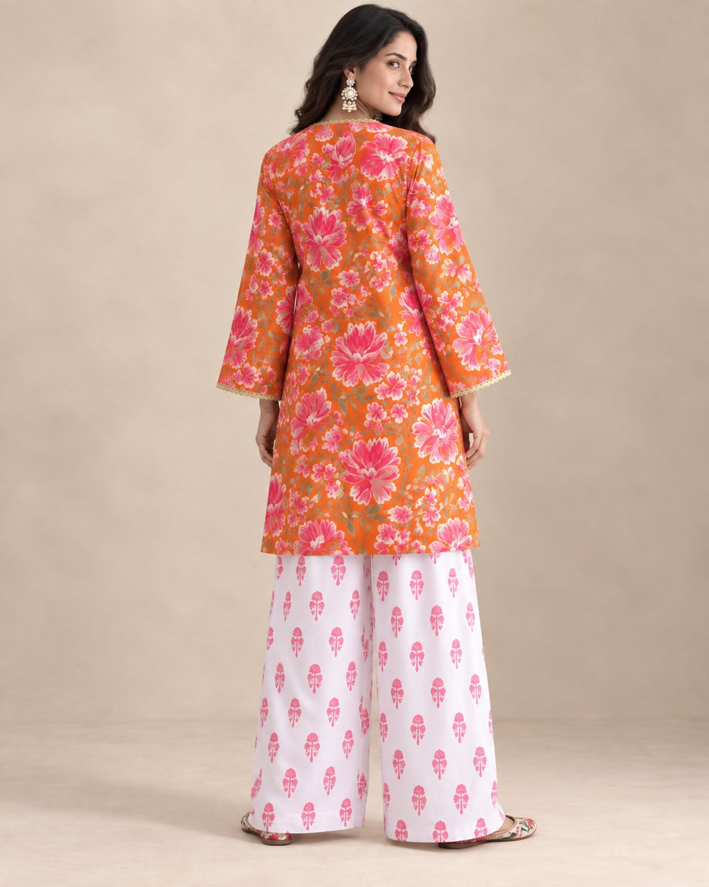Tangerine Bloom Orange Floral Kurta & White Palazzo Set