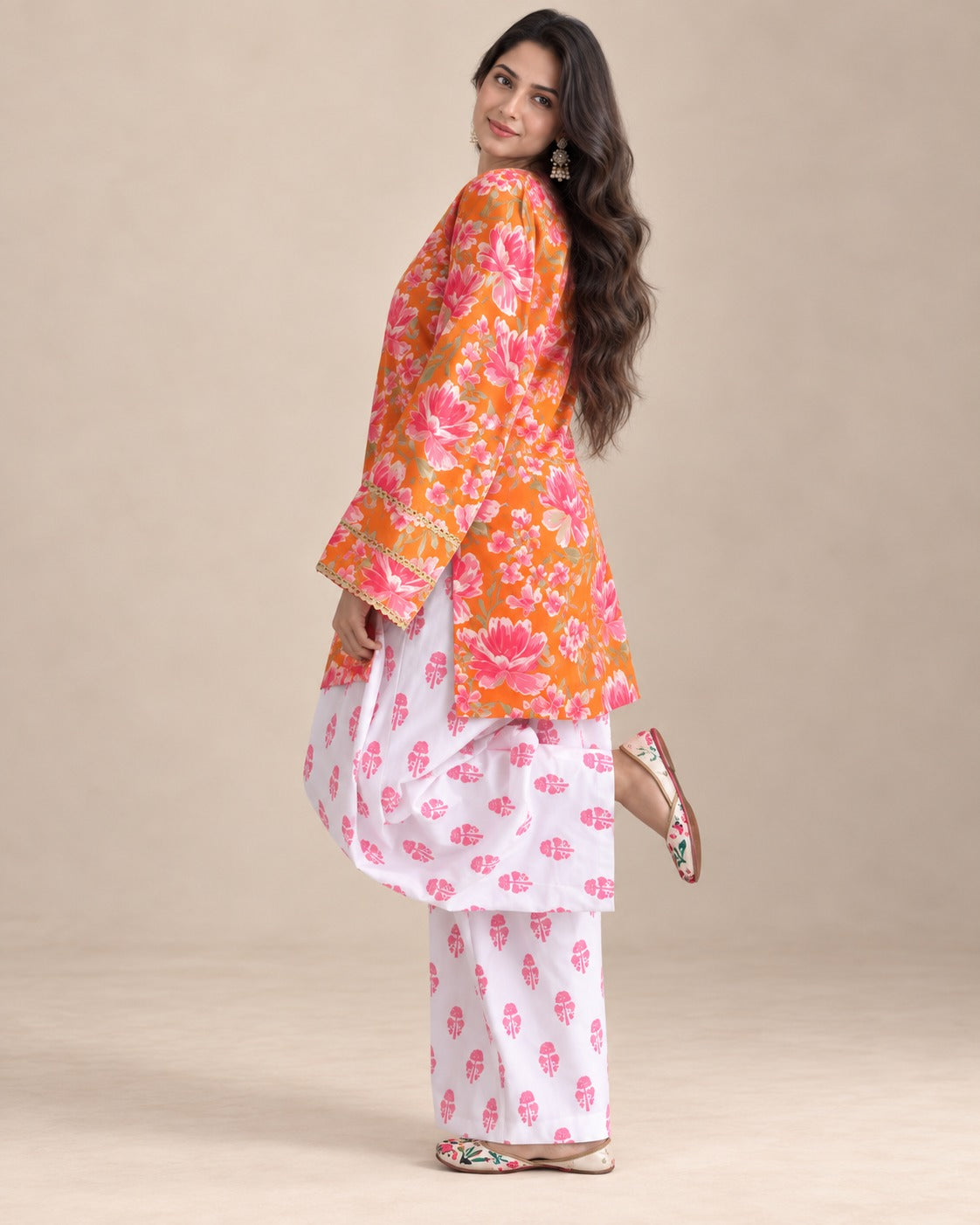 Tangerine Bloom Orange Floral Kurta & White Palazzo Set