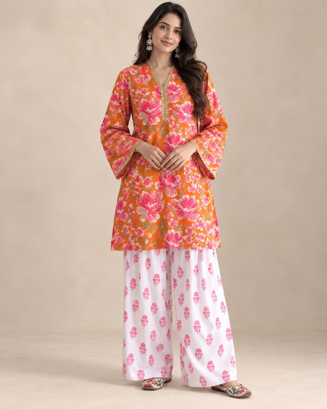 Tangerine Bloom Orange Floral Kurta & White Palazzo Set