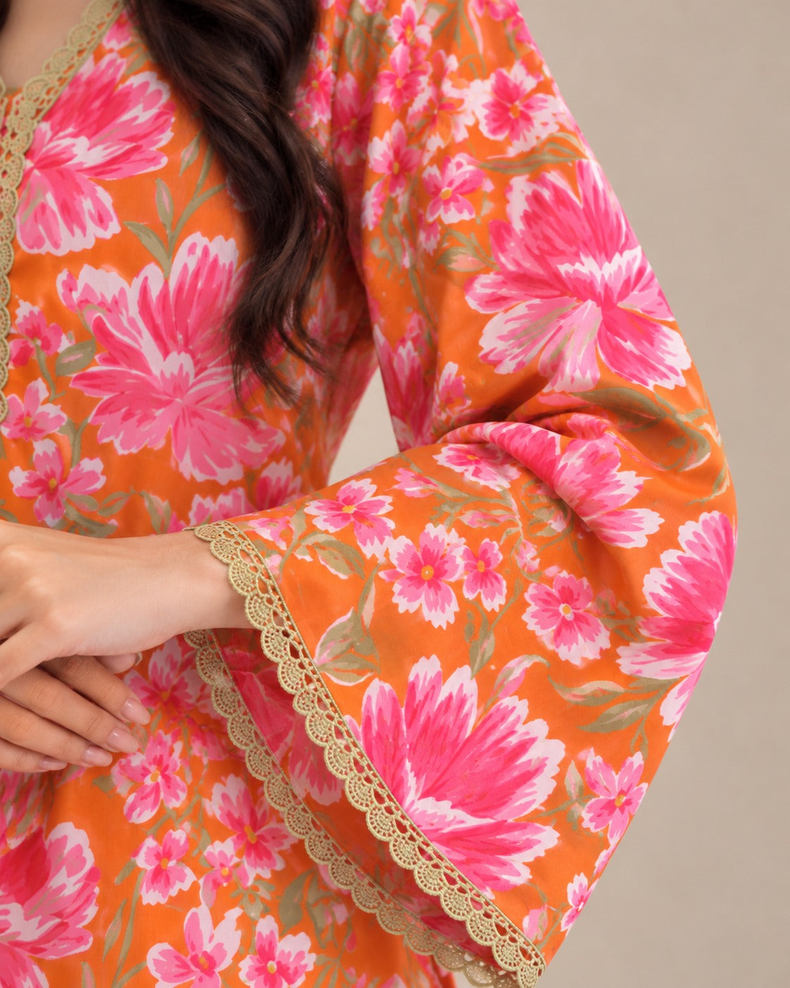 Tangerine Bloom Orange Floral Kurta & White Palazzo Set