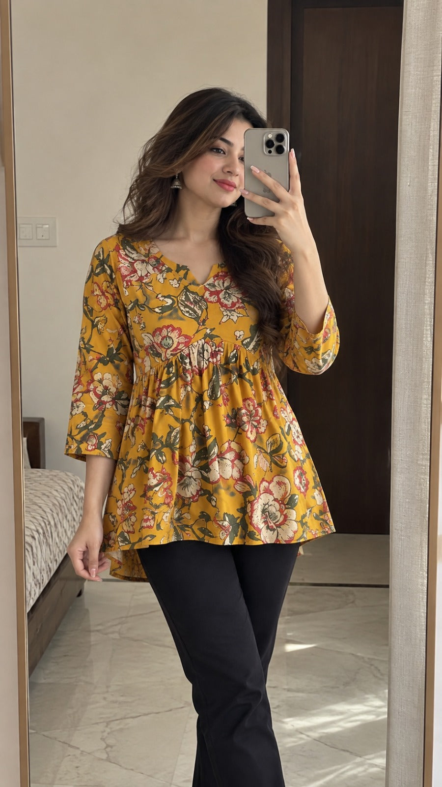Mustard Floral Cotton Peplum Top with Three-Quarter Sleeves