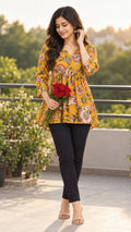 Mustard Floral Cotton Peplum Top with Three-Quarter Sleeves