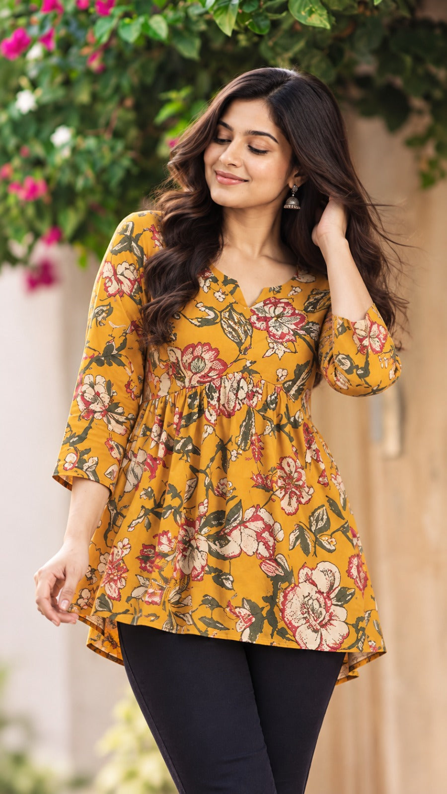Mustard Floral Cotton Peplum Top with Three-Quarter Sleeves