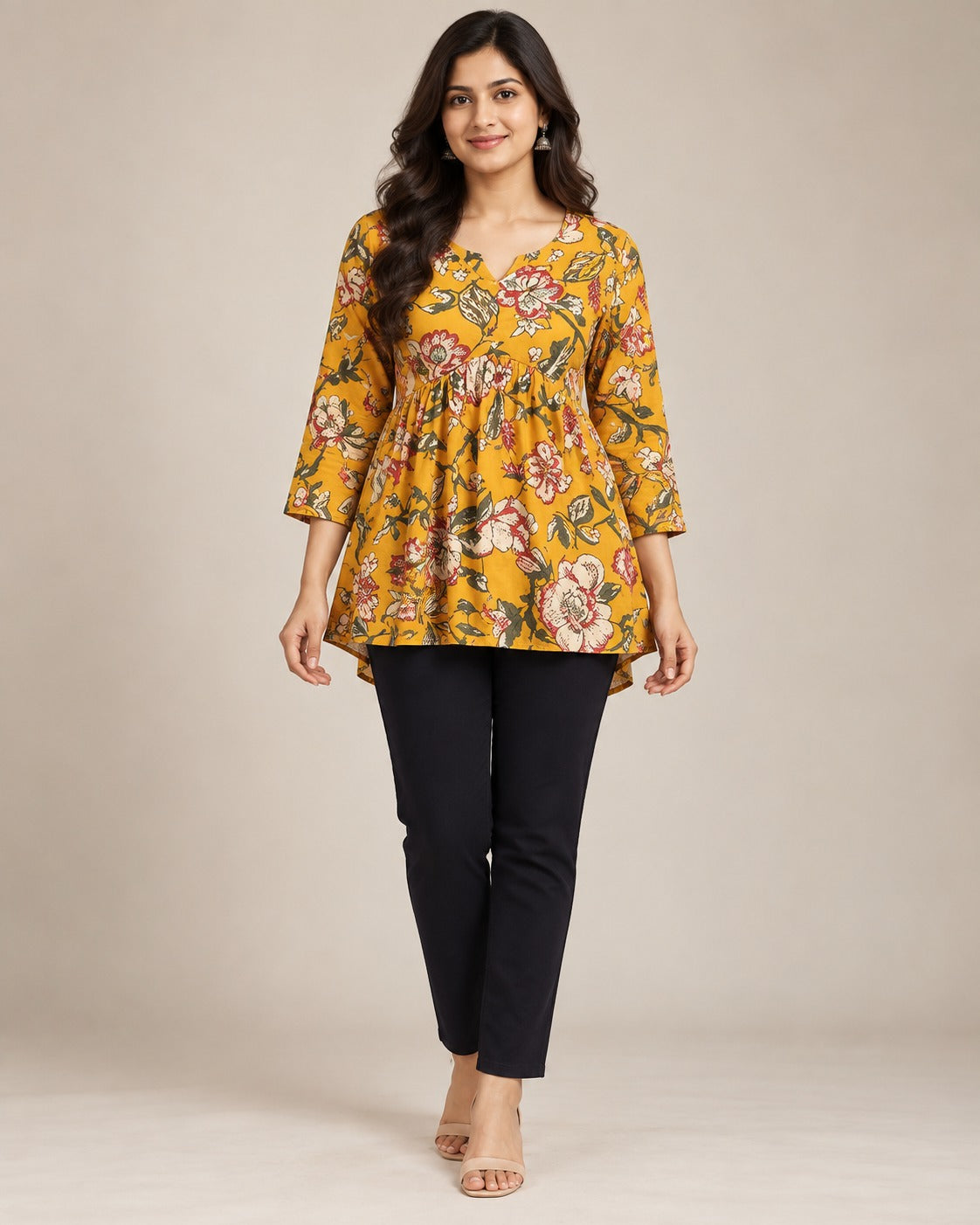 Mustard Floral Cotton Peplum Top with Three-Quarter Sleeves
