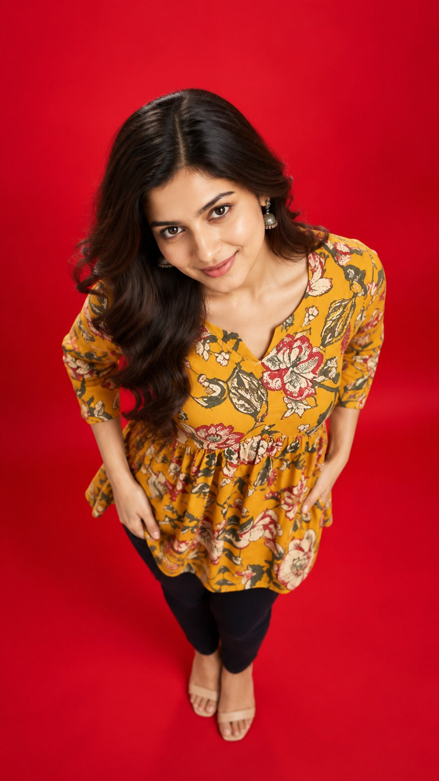 Mustard Floral Cotton Peplum Top with Three-Quarter Sleeves