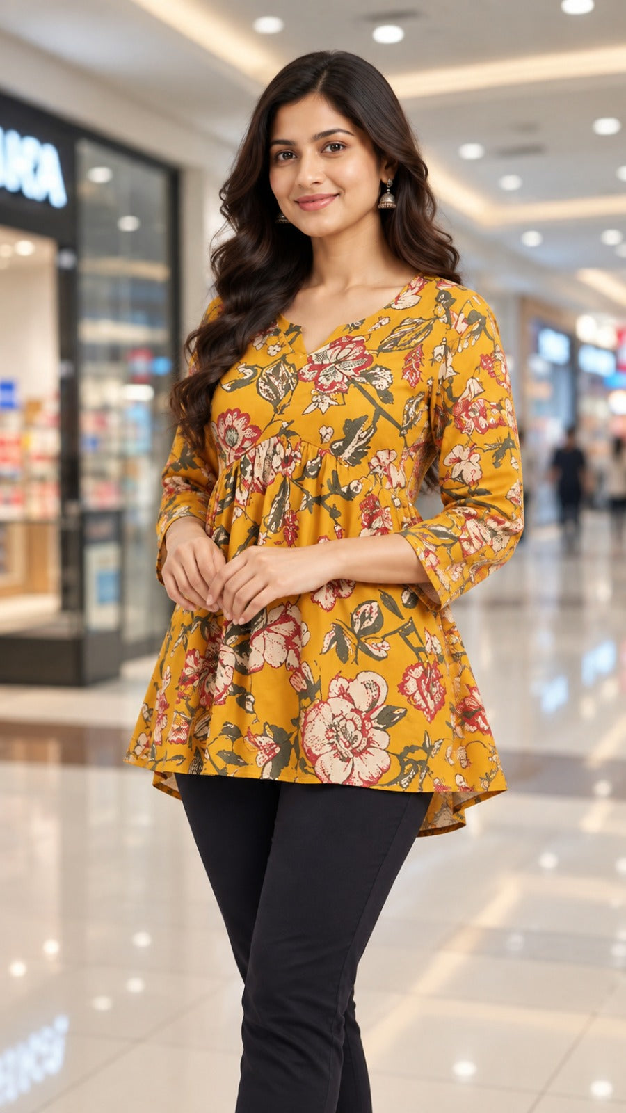 Mustard Floral Cotton Peplum Top with Three-Quarter Sleeves