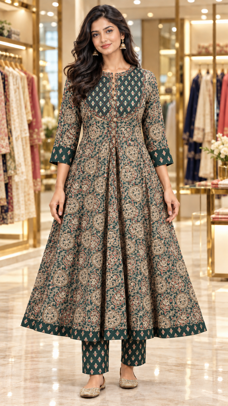 Forest Green & Navy Blue Kalamkari-Inspired Cotton Flared Kurta Set