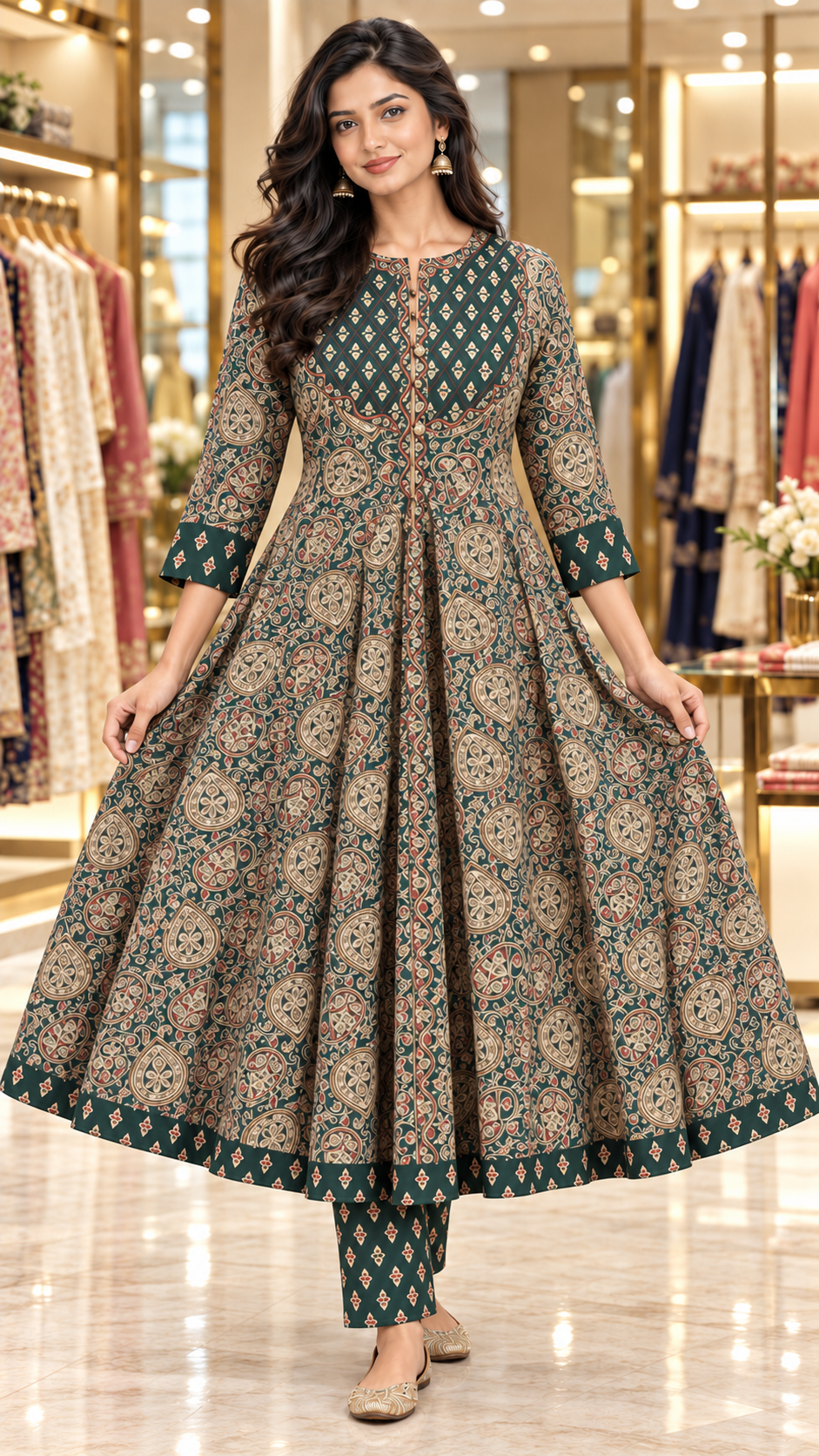 Forest Green & Navy Blue Kalamkari-Inspired Cotton Flared Kurta Set