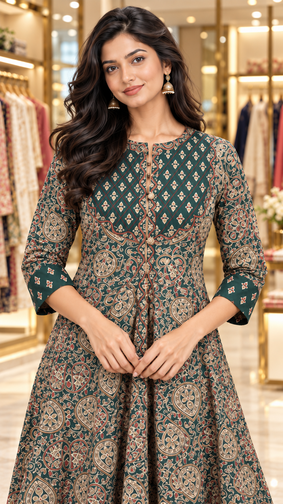 Forest Green & Navy Blue Kalamkari-Inspired Cotton Flared Kurta Set
