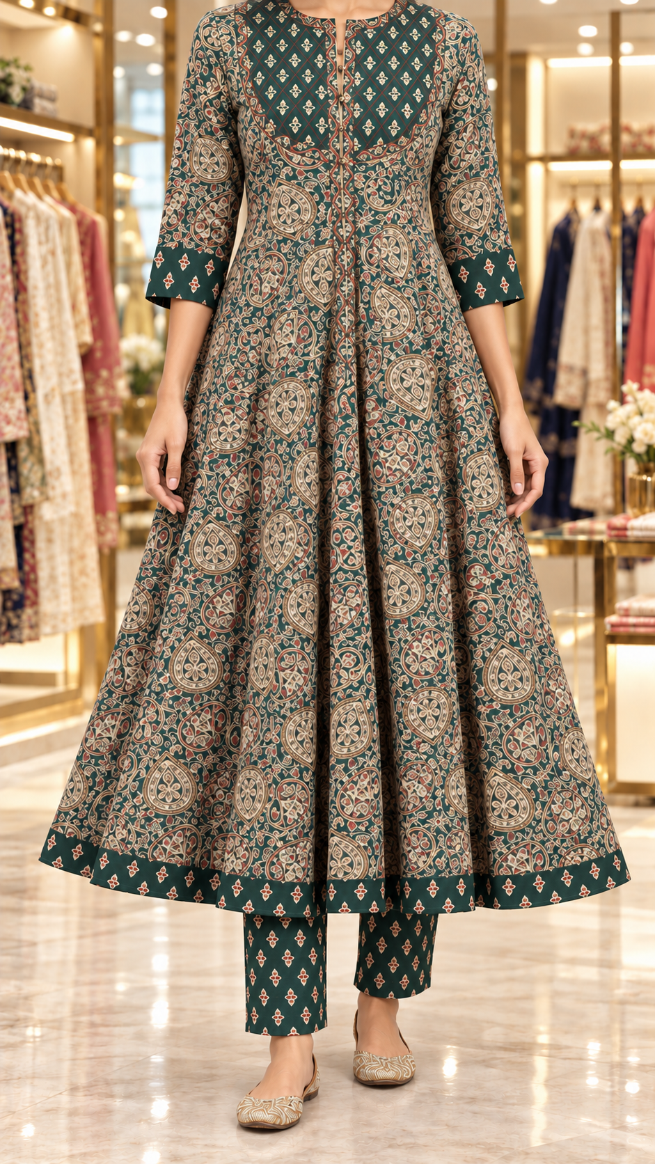 Forest Green & Navy Blue Kalamkari-Inspired Cotton Flared Kurta Set