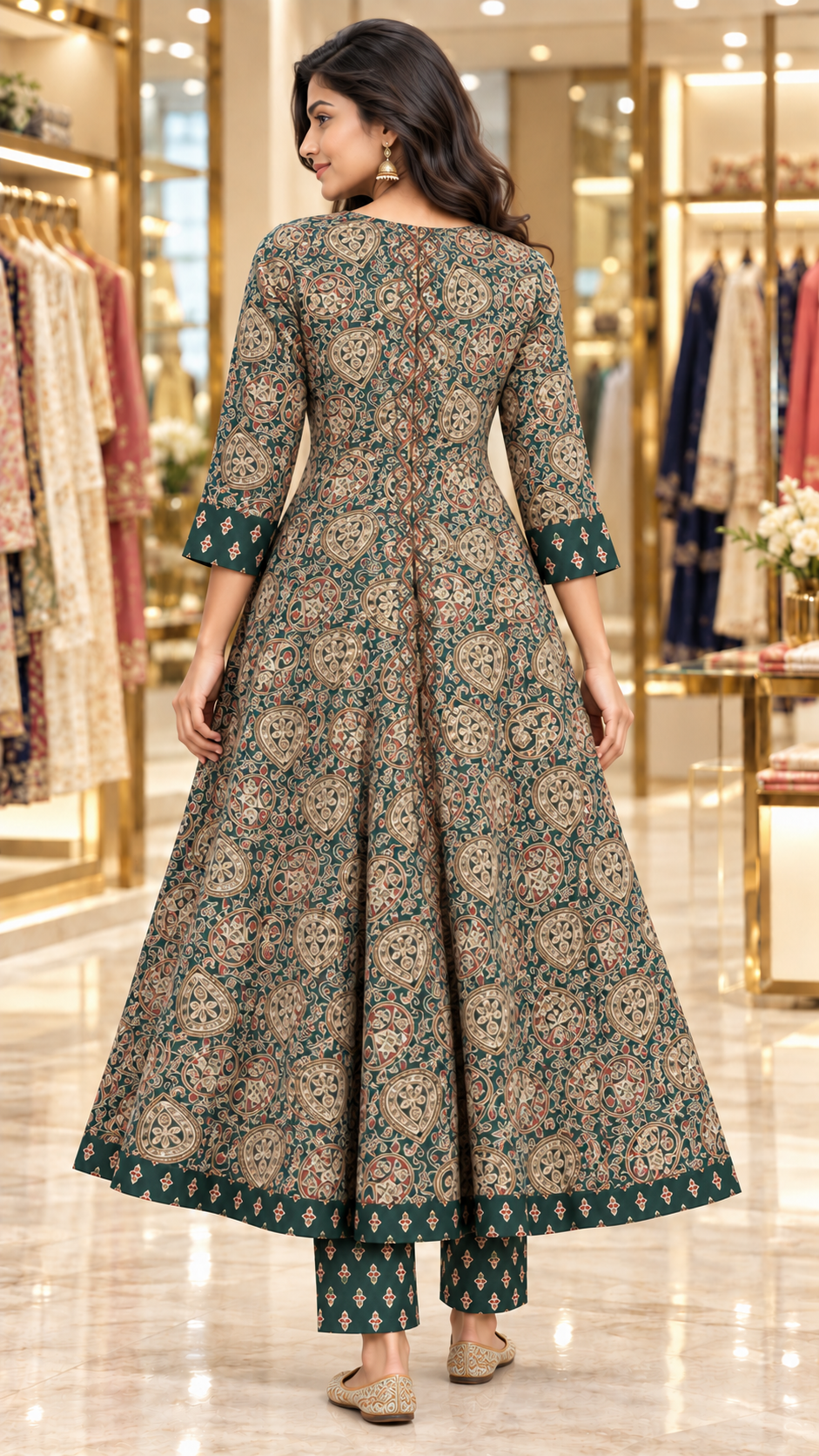 Forest Green & Navy Blue Kalamkari-Inspired Cotton Flared Kurta Set