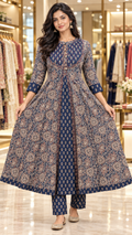 Forest Green & Navy Blue Kalamkari-Inspired Cotton Flared Kurta Set