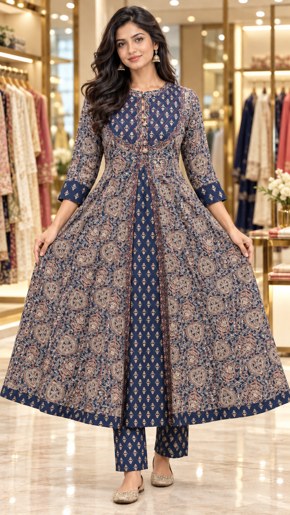 Forest Green & Navy Blue Kalamkari-Inspired Cotton Flared Kurta Set