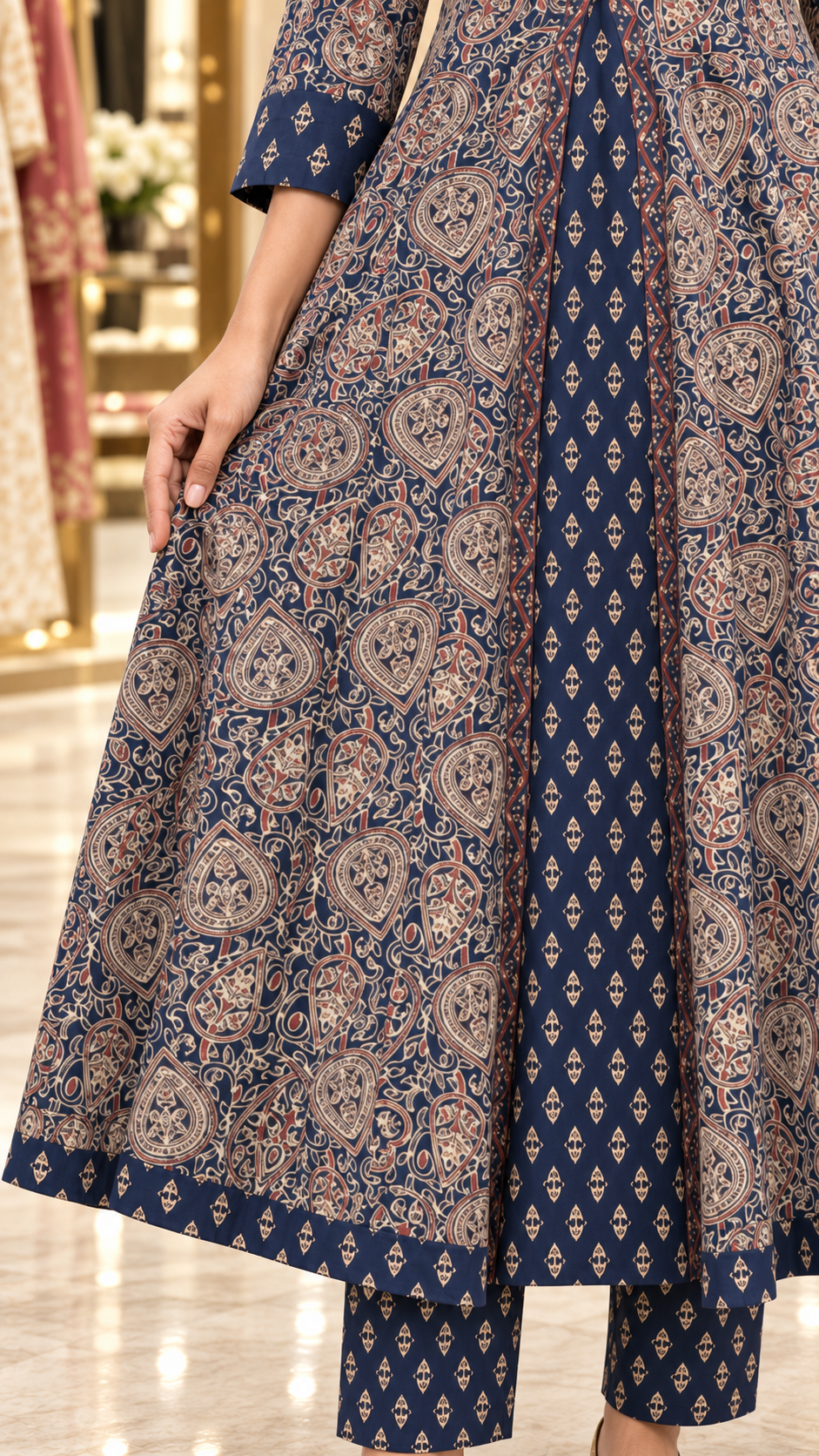 Forest Green & Navy Blue Kalamkari-Inspired Cotton Flared Kurta Set