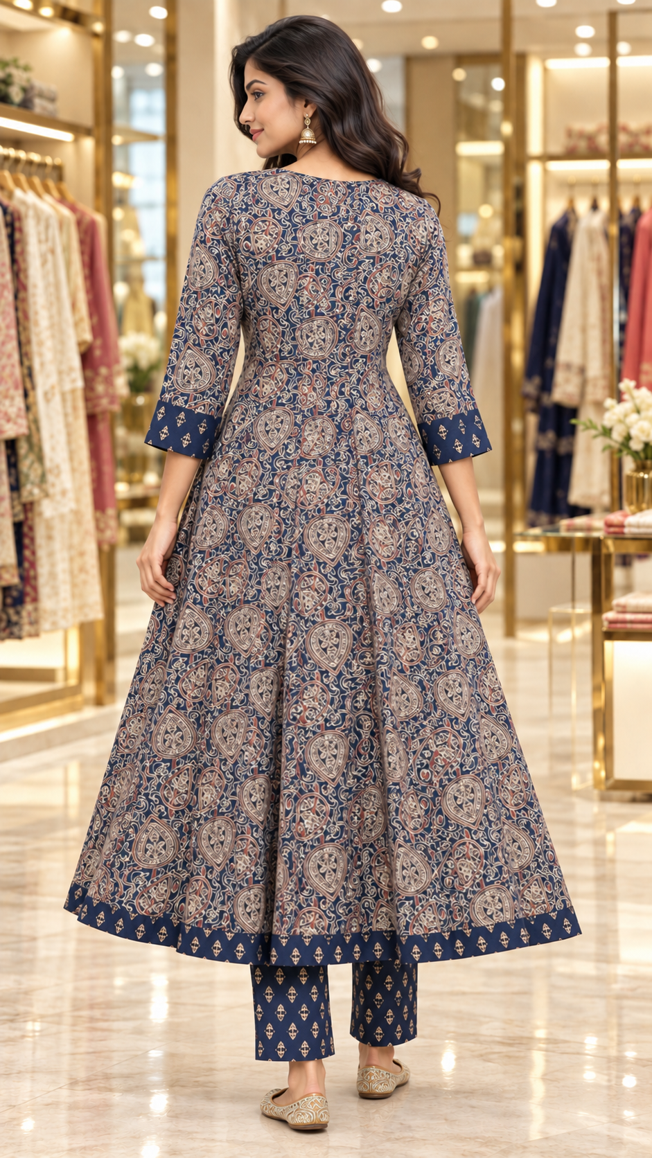 Forest Green & Navy Blue Kalamkari-Inspired Cotton Flared Kurta Set